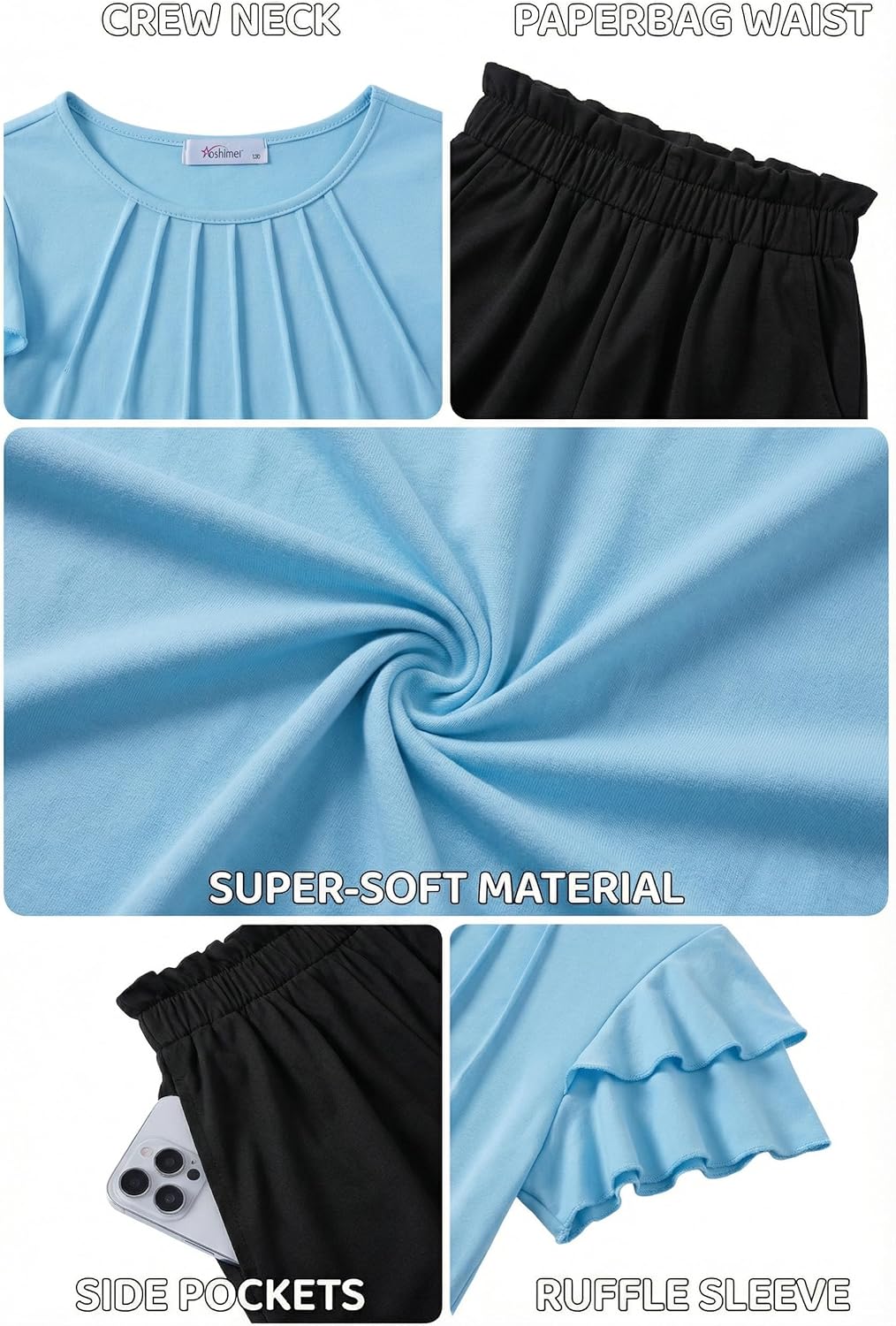 Arshiner Girls 2 Piece Outfits Summer Ruffle Sleeve Top and Paperbag Waist Shorts Set with Pockets Size 5-13 Years - Image 2