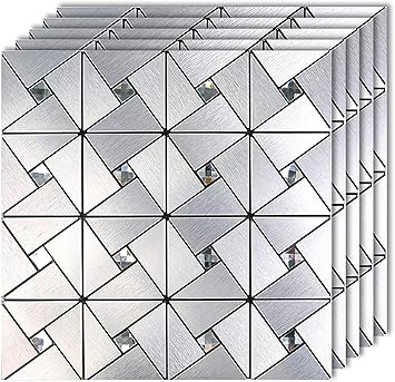 XENOTY Peel and Stick Kitchen Backsplash Self-Adhesive Wall Tile, Aluminum Mosaic 3D Wall Sticker for Living Room Bedroom Decor, Peel and Stick backsplash Tile (30cm x 30cm) (Silver, 1)