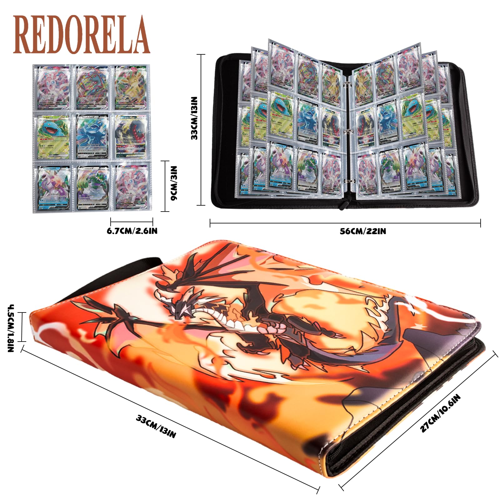 REDORELA Trading-Card-Binder 9 Pockets for Pokemon-Card-Binder Waterproof Album for Cards with Zipper Collectible Holders for Sports & Game Cards Folders Portable Wristband(Bright Orange 900 Slots) - Image 2