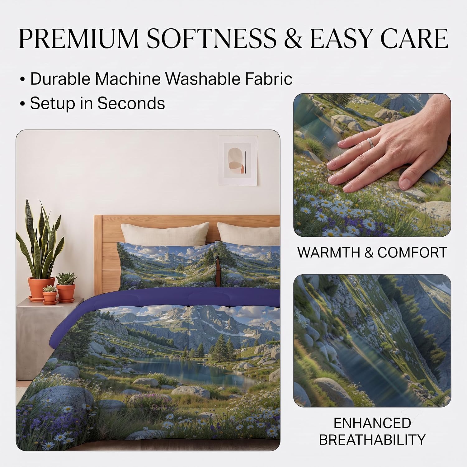 Dense Forest Comforter Set King Size, Valley Plants and Wildflowers Bedding Set for Girls Boys, Grass Green Quilt Bed 104"X90" Bedding Comforter Sets with 2 Pillowcase Room Decor