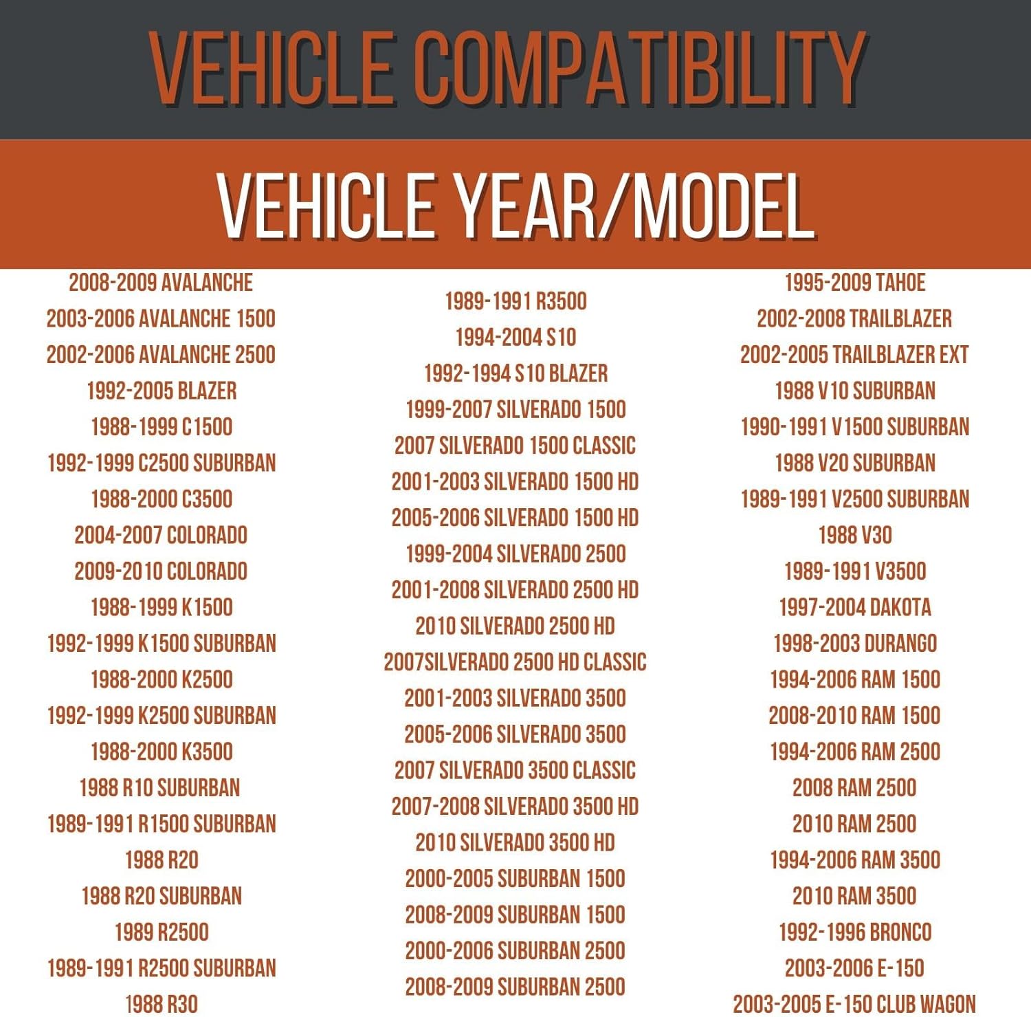 List of vehicle year and model compatibility for the H9000 winch
