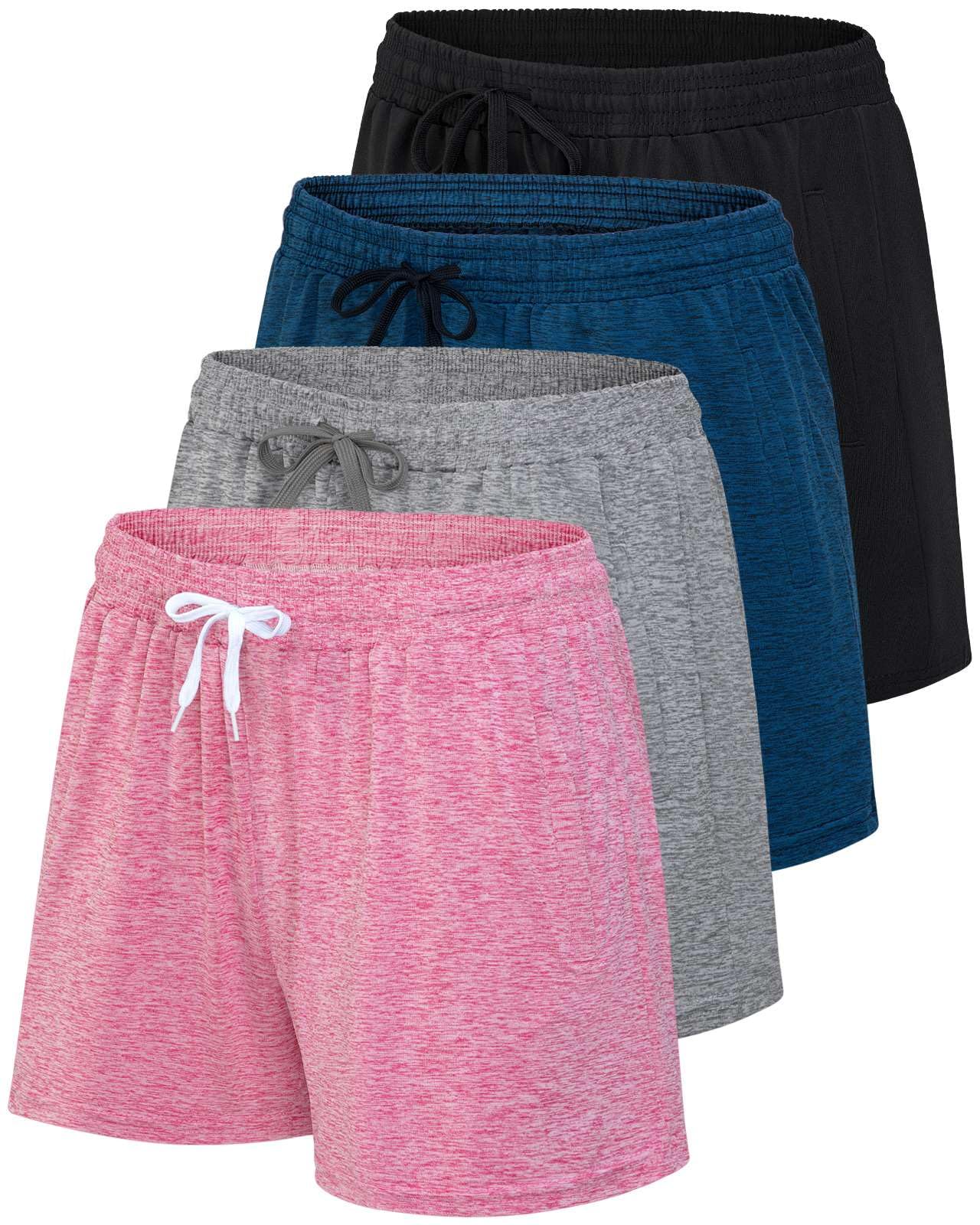 Real Essentials4 Pack: Womens Athletic Dry-Fit Lounge Shorts with Zipper Pockets (Available in Plus Size)