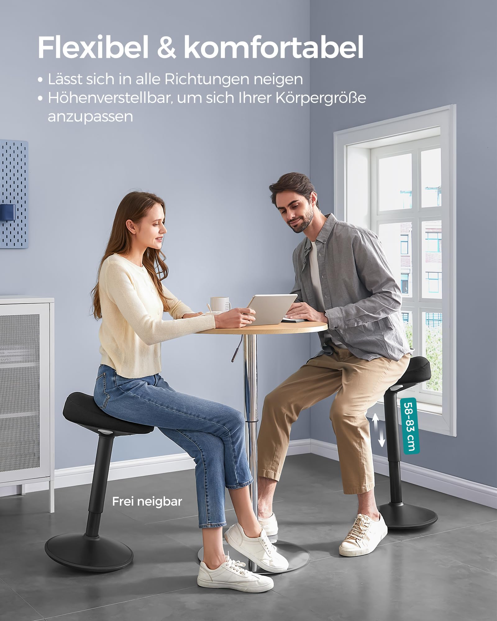 SONGMICS Hocker, Stehhocker um 360° neigbar, Schreibtischstuhl, höhenverstellbar 58-83 cm, großer Sockel, Anti-Rutsch, modern, schwarz OSC008B01