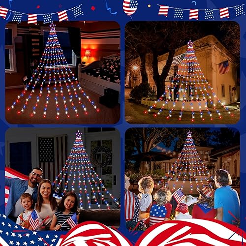 Miniatura 5 de FUNIAO Decoración del 4 de julio, luces de adorno patrióticas para exteriores, 320 luces LED grandes, 8 modos de luces rojas, blancas y azules para