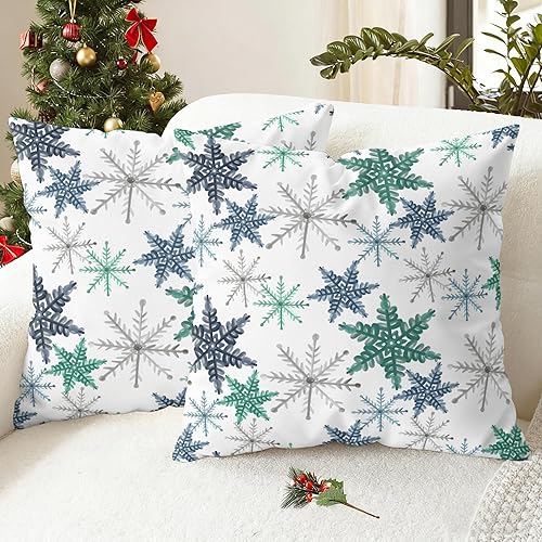 Miniatura 8 de CaliTime Juego de 2 fundas de almohada navideñas con estampado de copos de nieve, fundas de cojín para sofá y decoración del hogar, 18 x 18