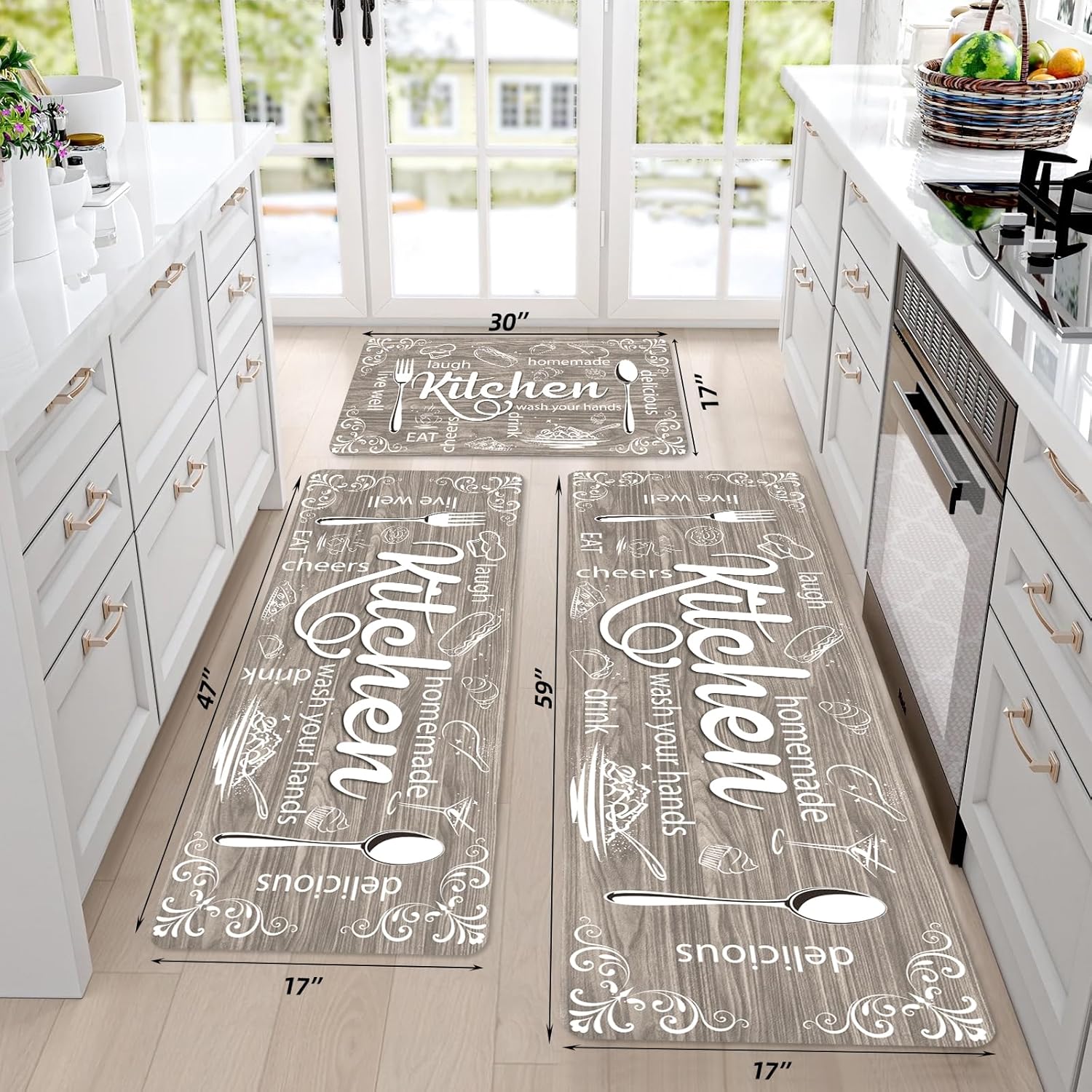 XLHOMO Kitchen Rugs Sets of 3, Non Slip Washable Brown Kitchen Mats for Floor, Farmhouse Stain Resistant Cushioned Anti Fatigue Mats for Kitchen Floor, Laundry Room, Bathroom, Entryway Carpet Decor