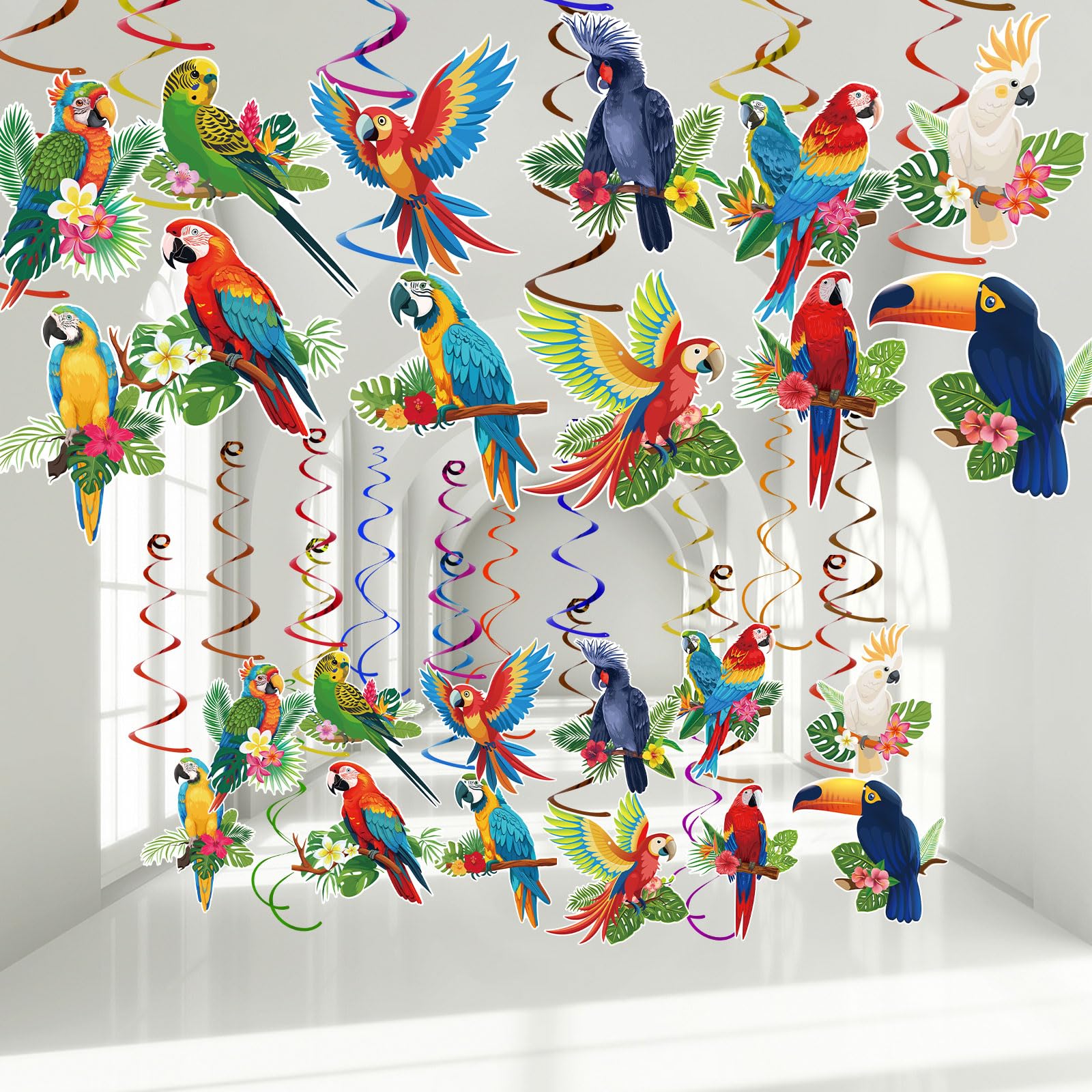 58 Pcs Tropical Birds Hawaiian Hanging Swirl, Tropical Toucan Parrot Party Foil Ceiling Hawaiian Rainforest Birds Decor for Summer Beach Pool Tiki Wedding Birthday Party Supplies