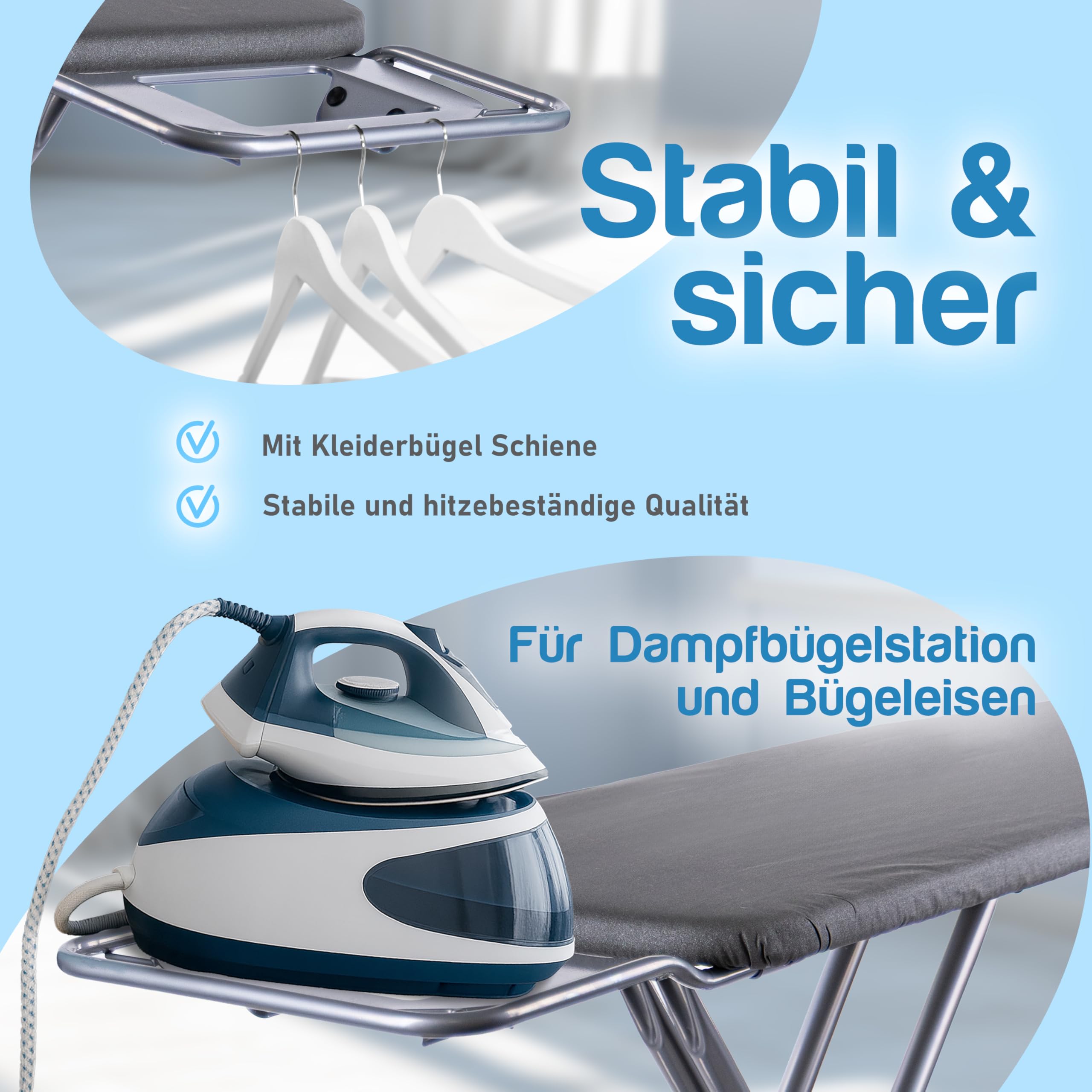 Premium XXL Bügelbrett für Dampfbügelstation – extra breite Bügelfläche (143x38 cm), Dampfbügelgeeignet, stabil & klappbar, mit Hitzebeständiger Ablage und Bezug – ideal für alle Bügeleisen