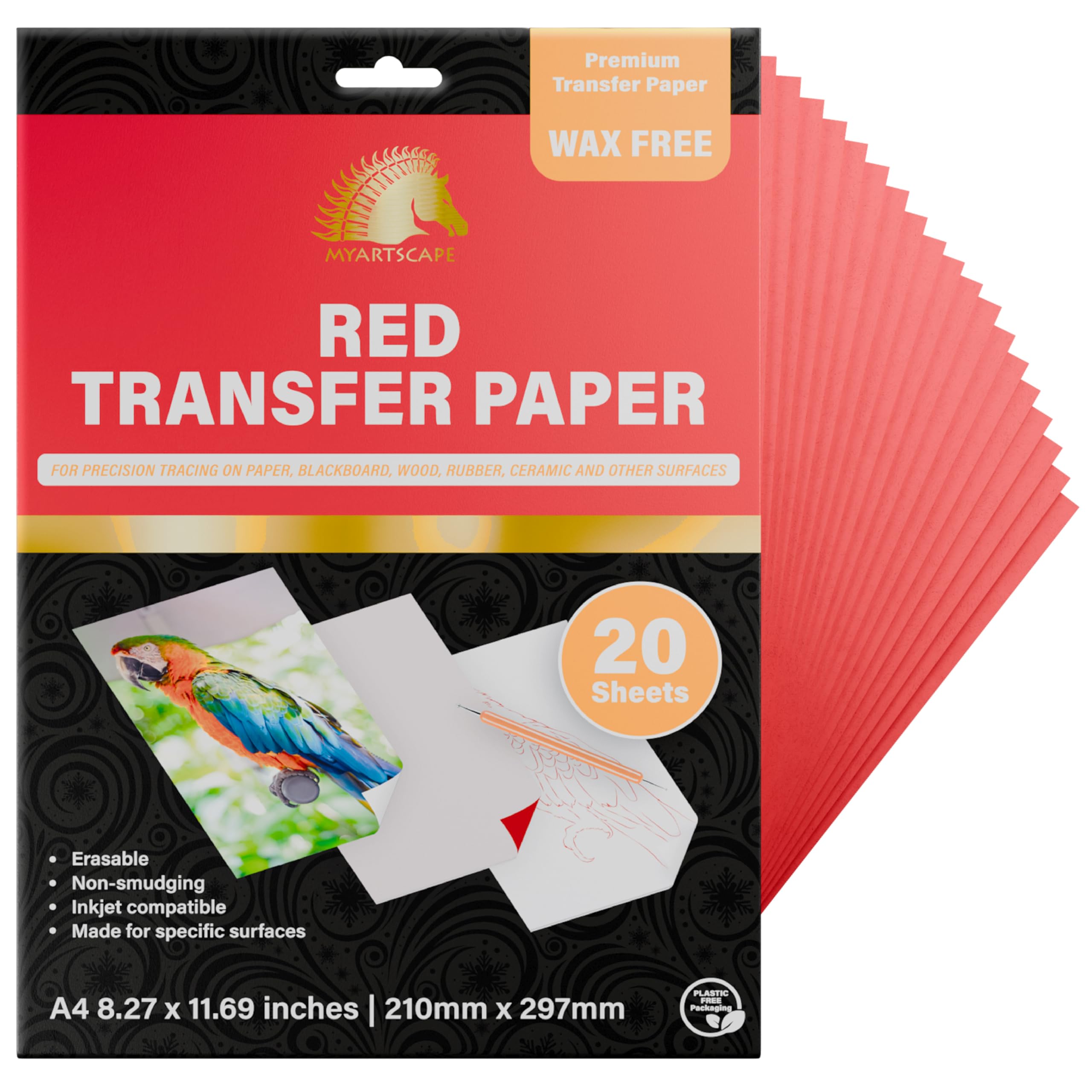 MyArtscape Graphite Transfer Paper, 20 Red Sheets - Wax Free - Erasable - Smudge-Free - Ideal for Drawing and Tracing - Premium Arts and Crafts Supplies