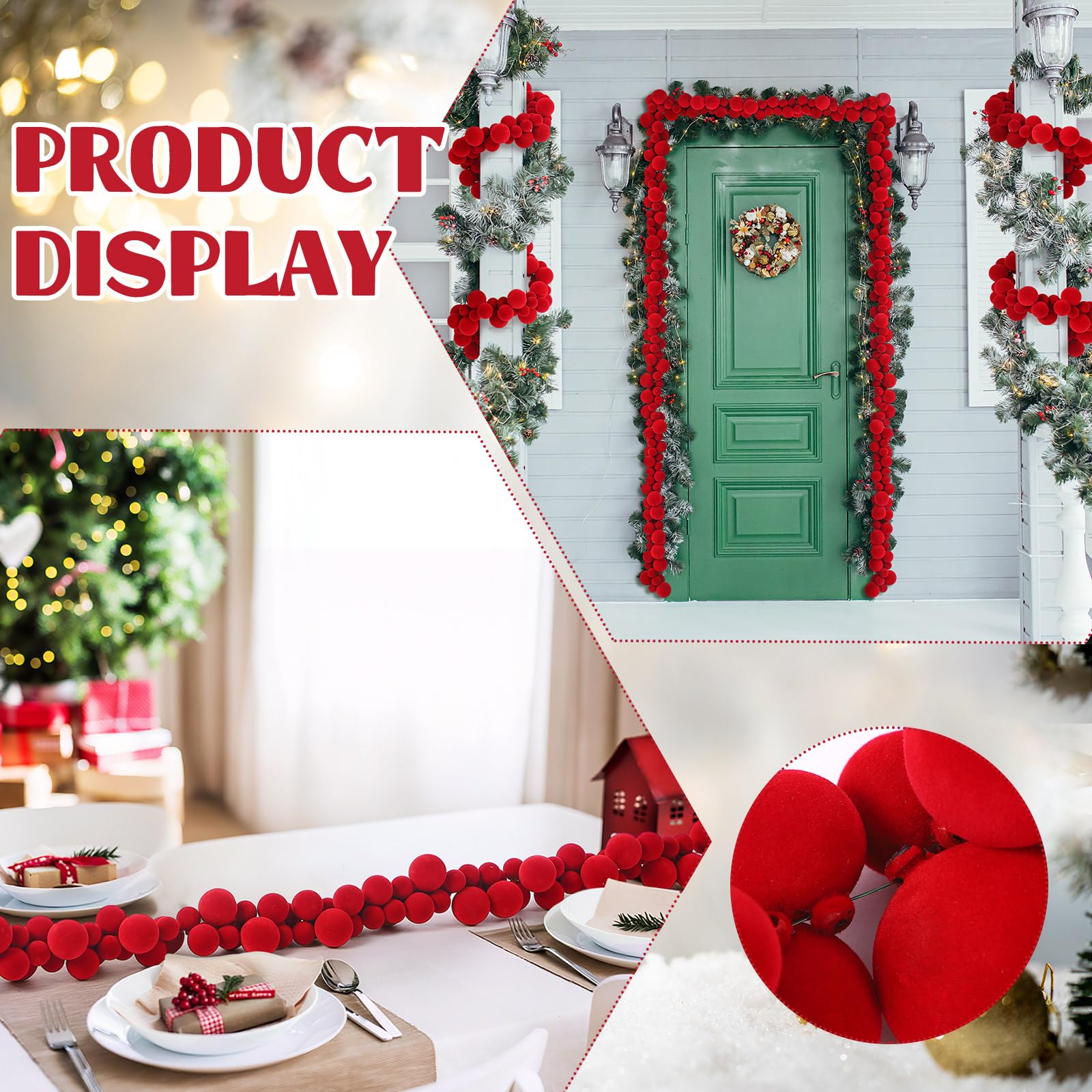 Xinnun Guirnalda de Bolas de Terciopelo de Navidad de 6 pies, Adornos de Navidad para Colgar, Bolas de Terciopelo inastillables, Decoraciones para el hogar, Interiores y Exteriores, Mantel de