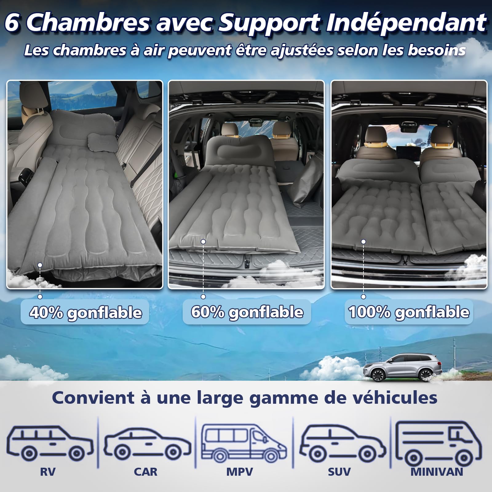 FORMIZON Matelas Gonflable de Voiture, Lit Gonflable pour Siège Arrière, Matelas Pneumatique SUV avec Pompe à Air et Oreillers pour Voyage, Camping, Activités de Plein Air (Gris)