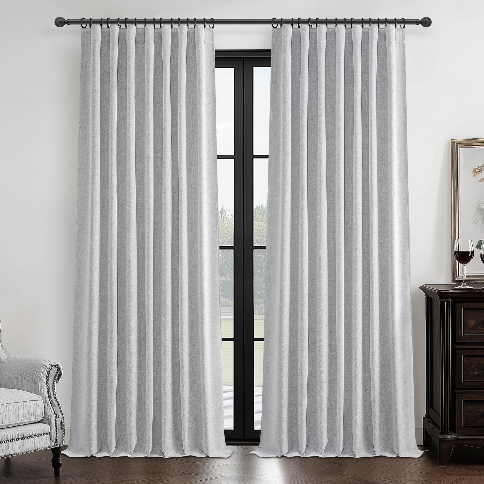 Light Grey Blackout Curtains 96 Inch Length 2 Panels Set for Bedroom, Modern Faux Linen Room Darkening Pleated Gray Burg with Rod Pocket Back Tab Insulated Curtain for Office Sunroom (50"Wx96"Lx2 ) โ image 1