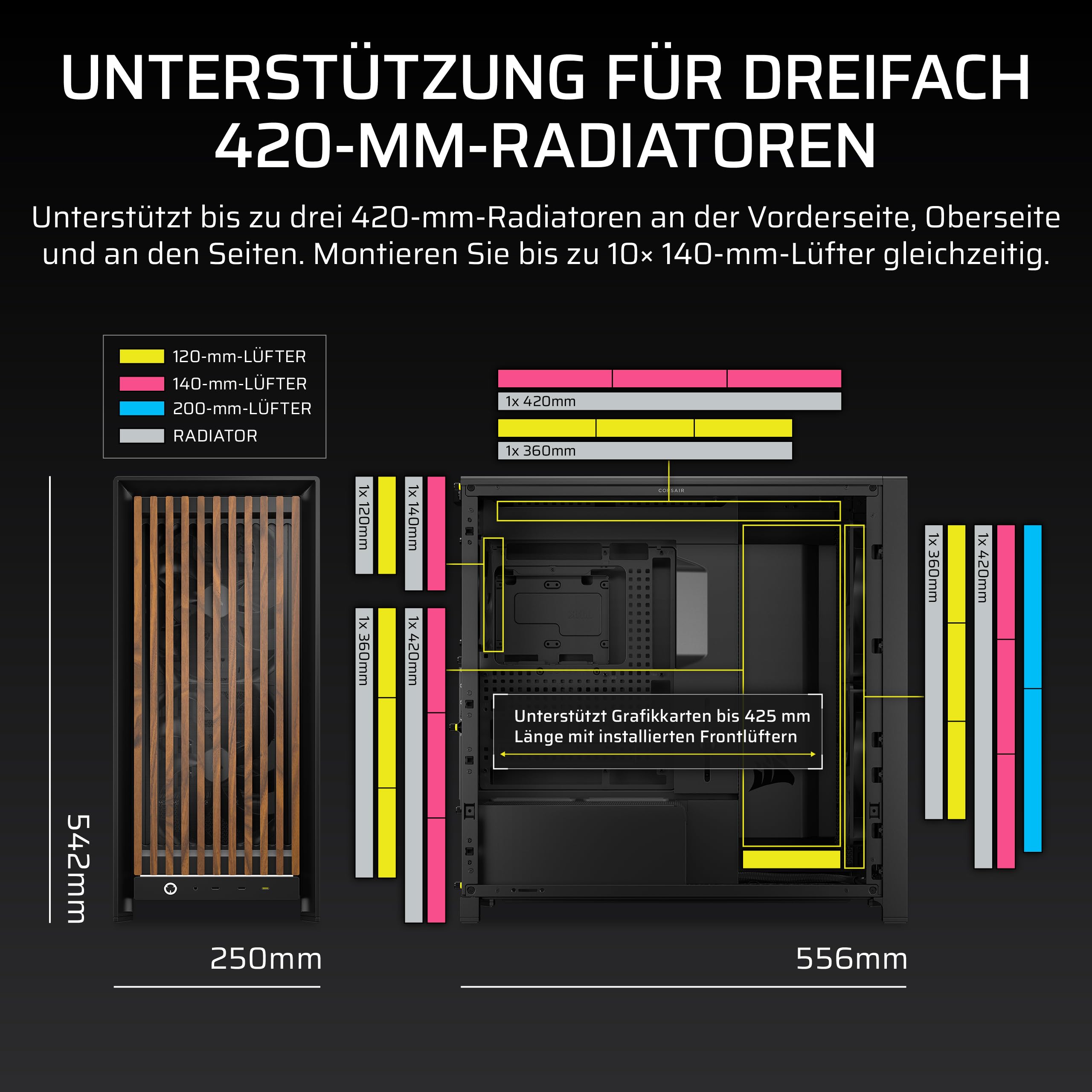 CORSAIR Frame 5000D Wood RS Mid-Tower-ATX-PC-Gehäuse – Schwarz & Walnuss | Frontpanel aus Massivholz, 3 Vorinstallierte Lüfter, Modulare Anpassung, Geräumiger Innenraum, GPU Anti-Sag