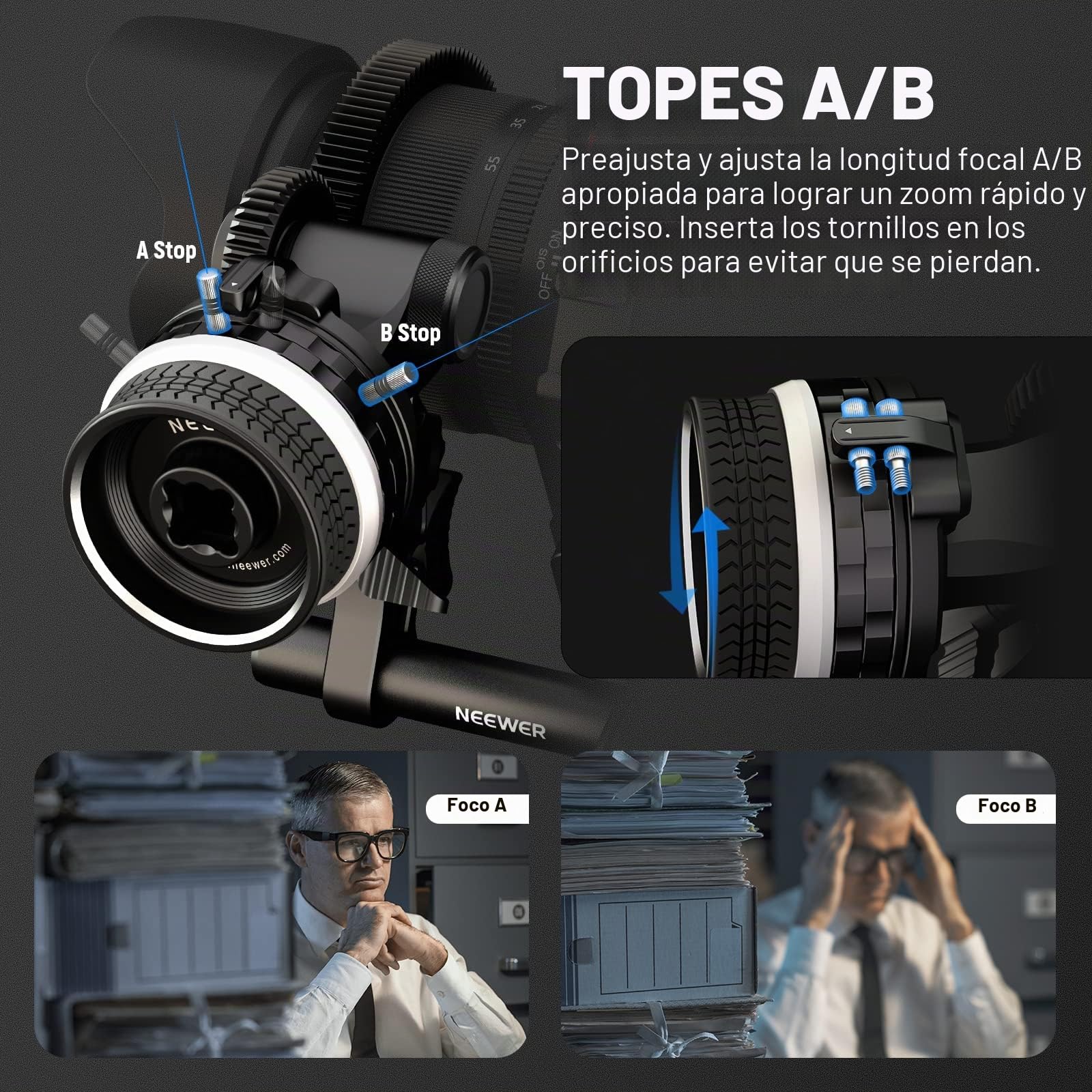 NEEWER Mini Enfoque de Seguimiento con Paradas A/B, Anillo de Engranaje de Lente, Varilla de 15 mm y Abrazadera de Varilla para cámara de Cine, cámara réflex Digital/sin Espejo, Compatible con