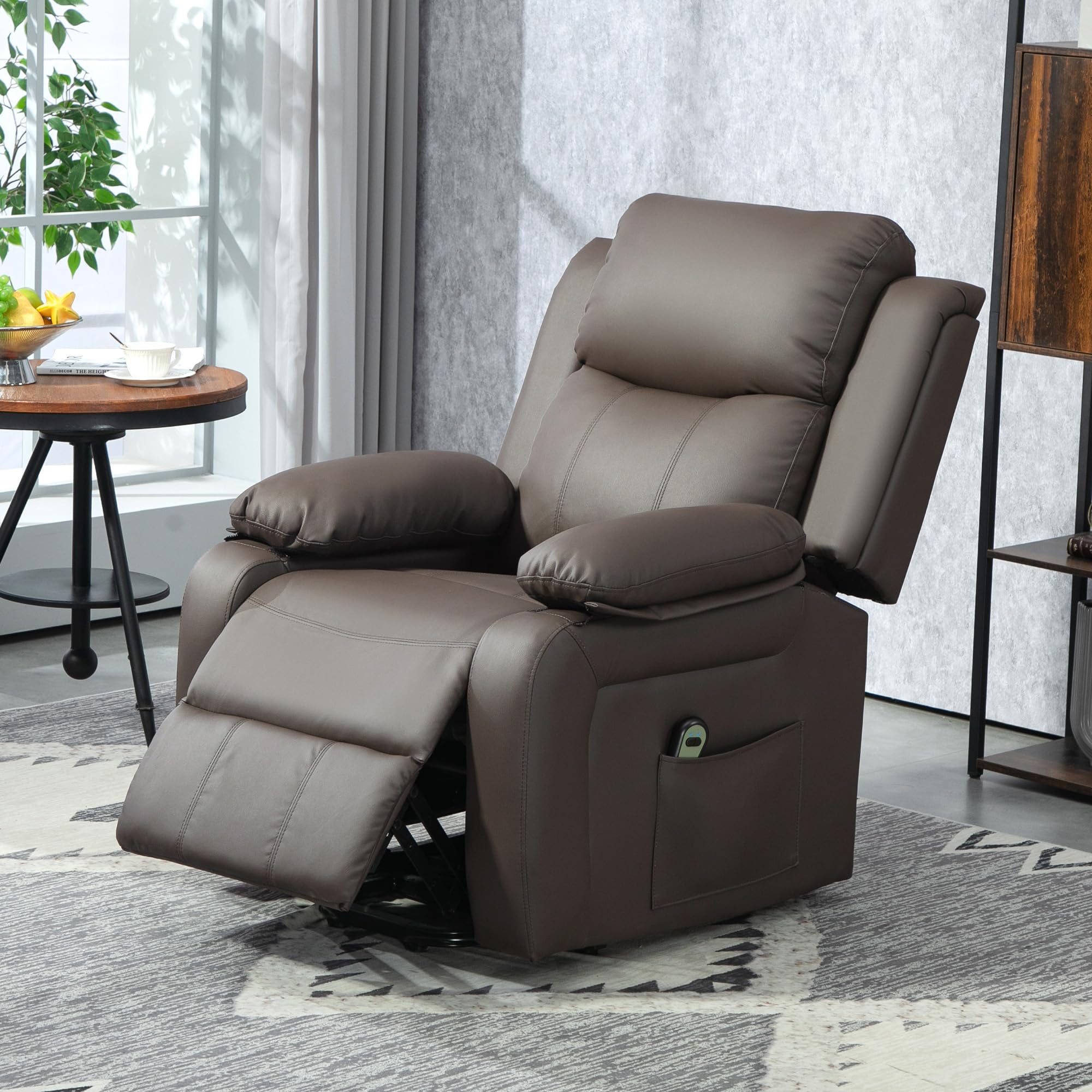 HOMCOM Sillón Relax Eléctrico Reclinable Levanta Personas, Sillón Elevador, con Respaldo Alto, Control Remoto, Reposapiés, Acolchado Grueso, Tapizado en PU, Bolsillos Laterales, Marrón Oscuro