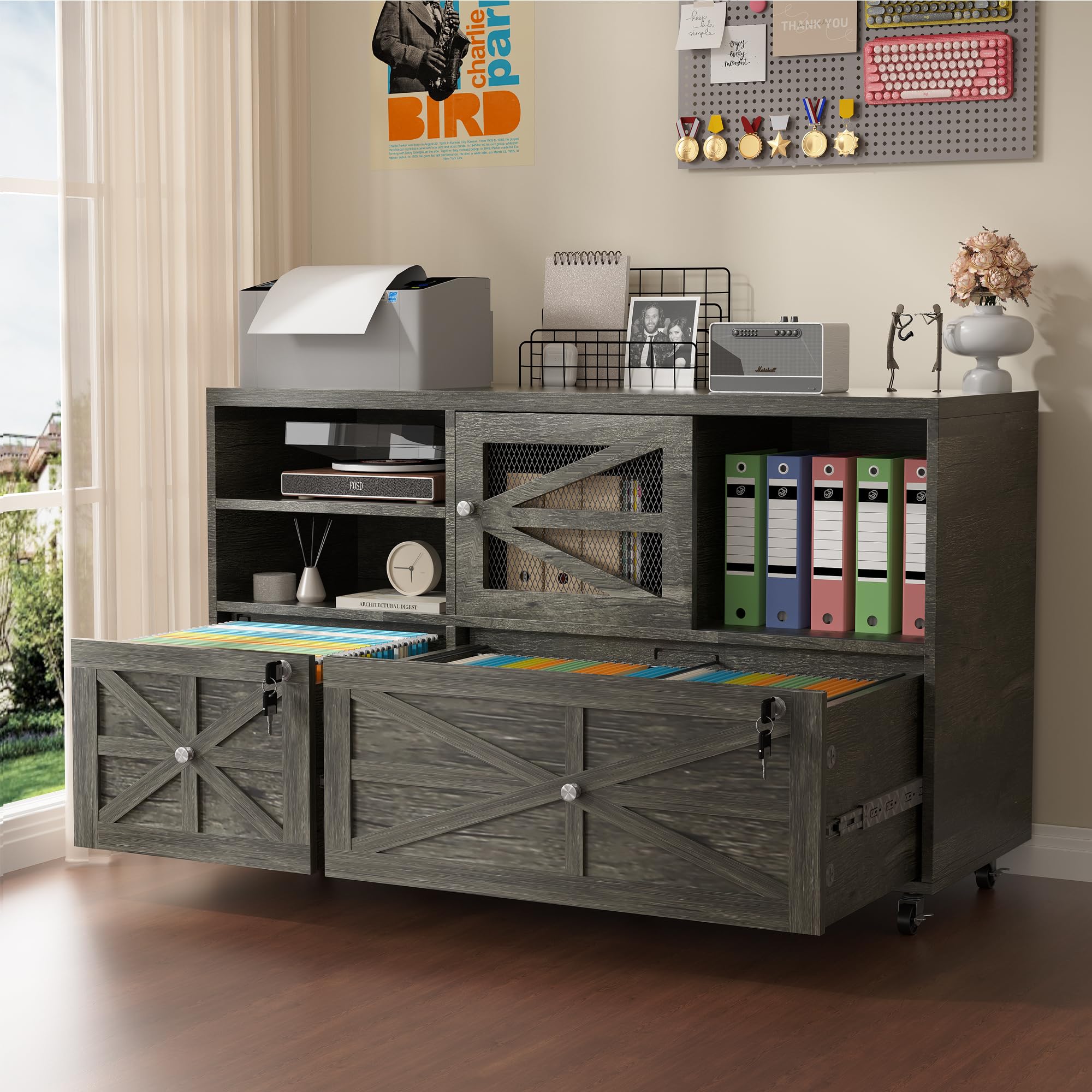 Semoic 2 Drawer Farmhouse File Cabinet with Lock, Mobile Lateral Filing Cabinet for Letter/Legal/A4 Size, Open Storage Adjustable Shelf for Home