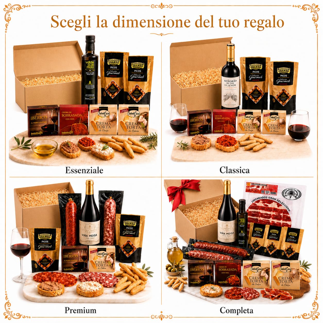 Cesto Gourmet Spagnolo · Salumi e Formaggi Iberico con Vino Tinto 75 cl, AOVE 250 ml, Jamón, Chorizo e Salchichón · Idea Regalo Natale, Pasqua, Compleanno, Aziendale (Mini EVOO, Cesto)