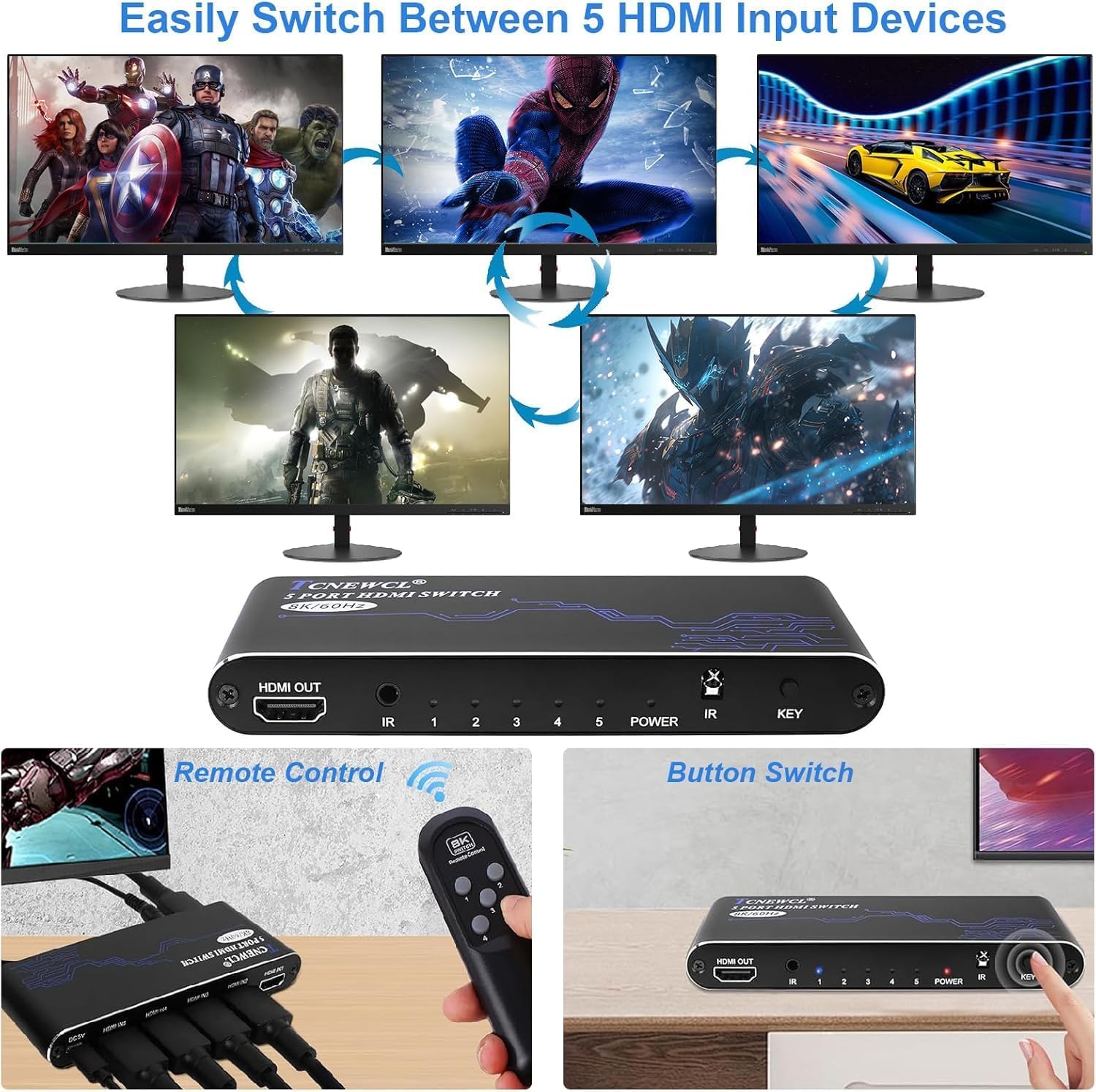 TCNEWCL Switch HDMI 8K 5 in 1 Out, Hub HDMI 8K a 60Hz 4K a 120Hz, selettore HDMI 2.1 compatibile con PS5 PS4 Xbox PC