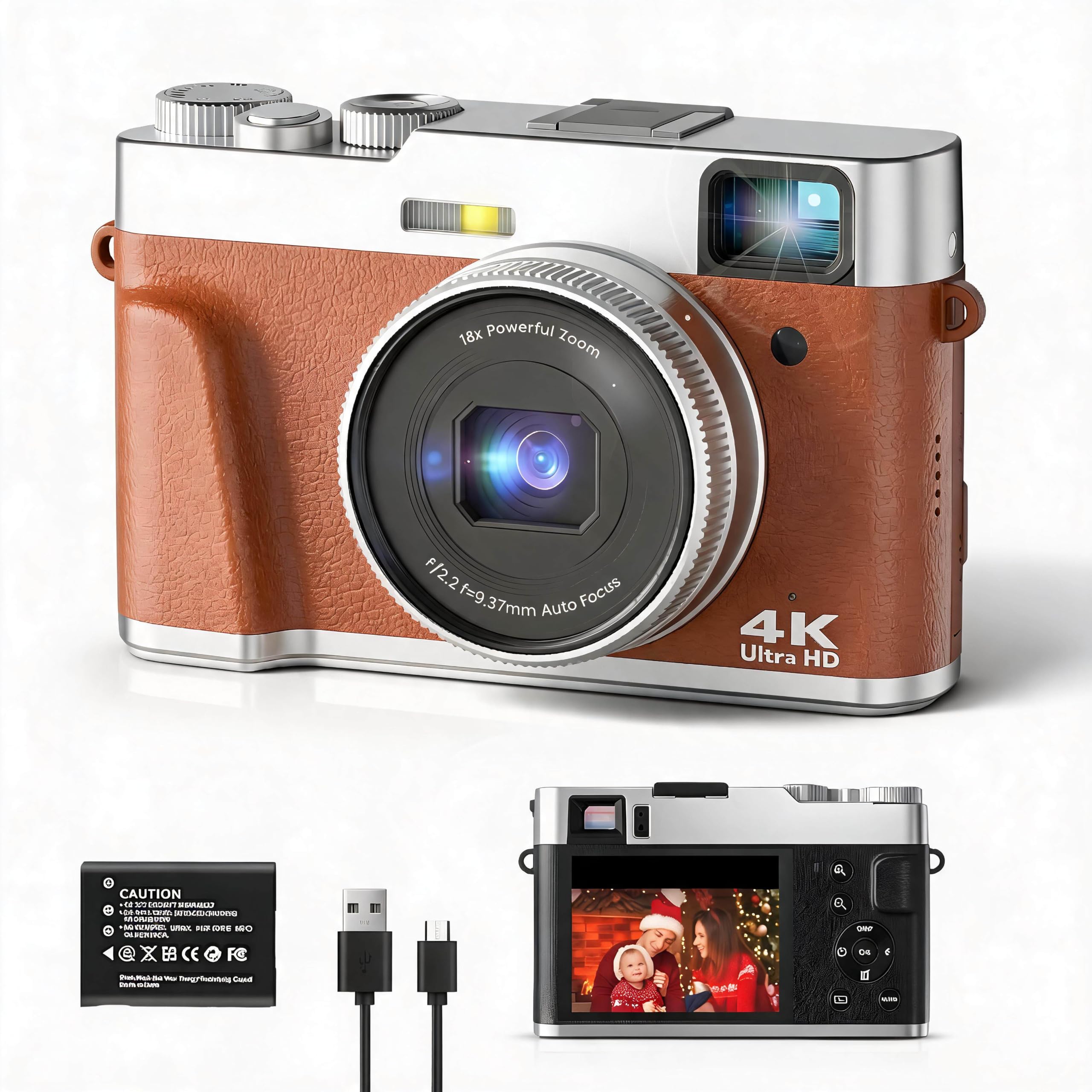 4K Digital Camera, 48MP Autofocus Compact Camera with 16x Digital Zoom, 2.8 Inch Screen, Beauty Face Mode, Retro Design, Webcam Function, for Traveling, Video Calls (Brown)-picture-15