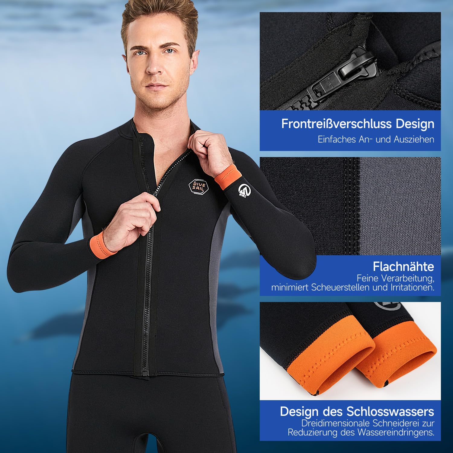 Combinaison en néoprène pour homme et femme - 3 mm - Combinaison en néoprène - Veste pour garder au chaud - Manches longues - Fermeture éclair avant - Haut en néoprène pour la plongée, le surf, la