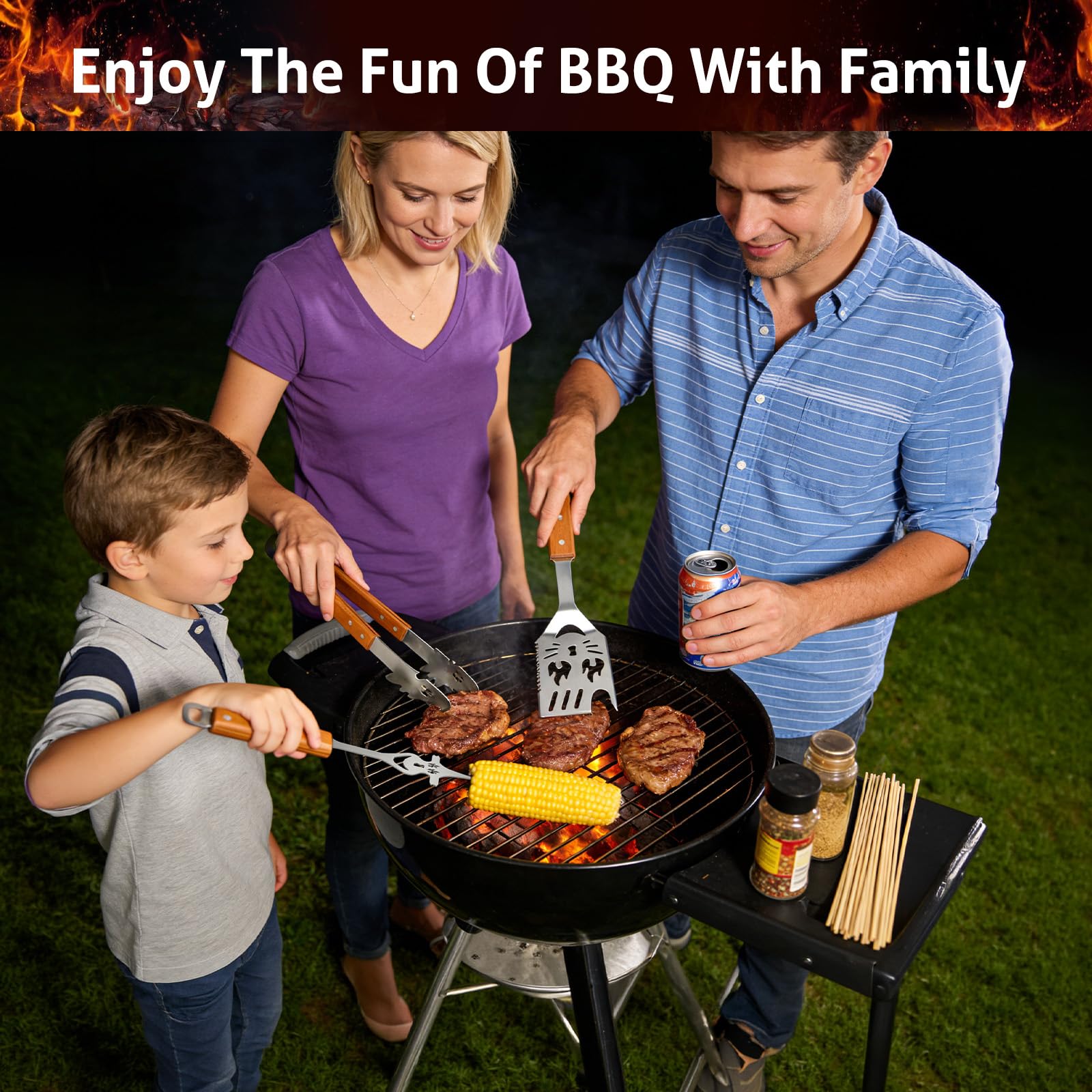 3-Piece BBQ Tools Set with Grill Spatula, Tongs, Fork - Wooden Handles, Duty Stainless Steel Barbecue Utensils Kit, 7-in-1 Turner & 6-in-1 Fork Functions As A Bottle Opener-Surprise Gifts for Men Dad — view 8