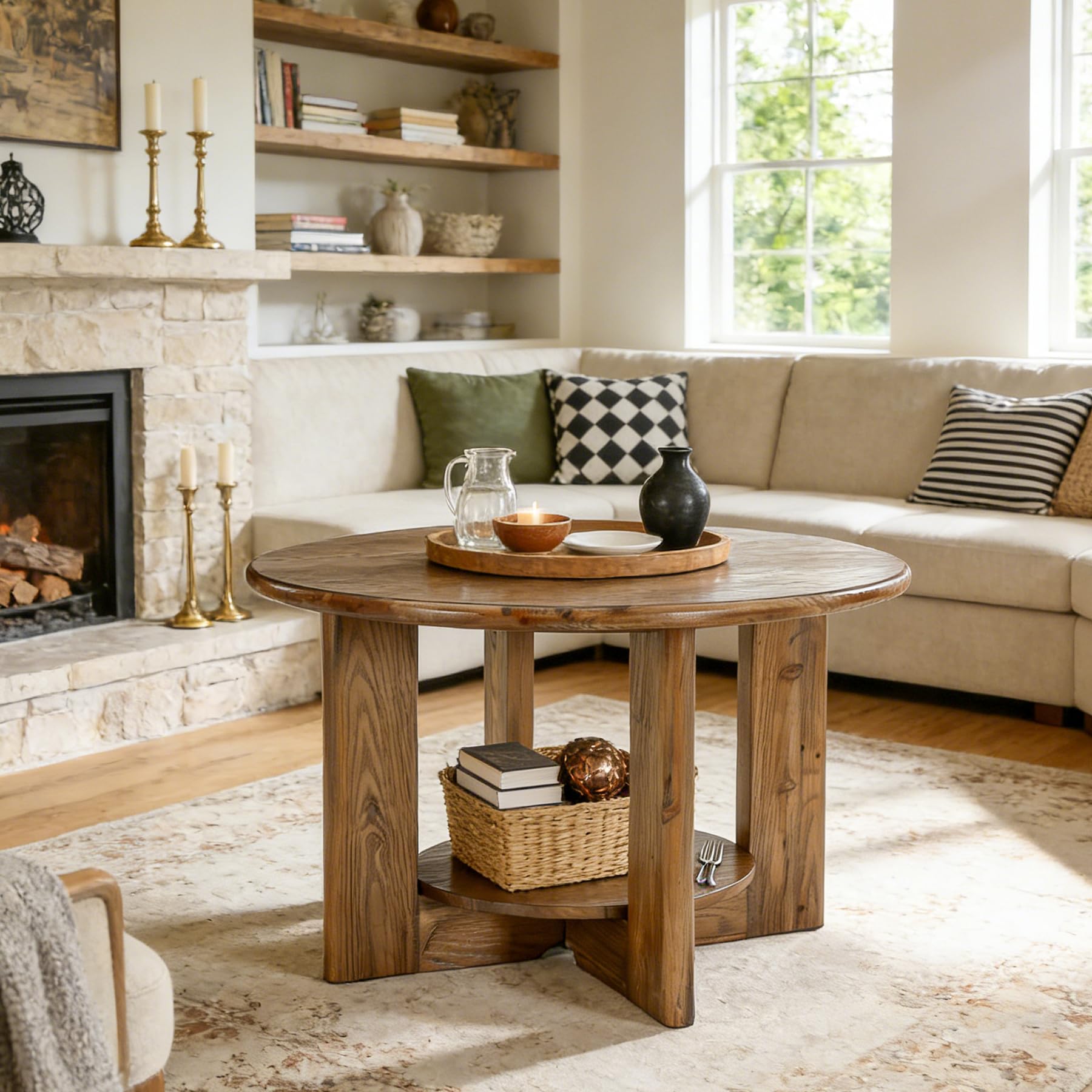 Tribesigns Table Basse Ronde 80 cm, 2 Niveaux avec Rangement, Bois Massif, Style Maison de Campagne, Marron Rustique – Table d’Appoint pour Salon