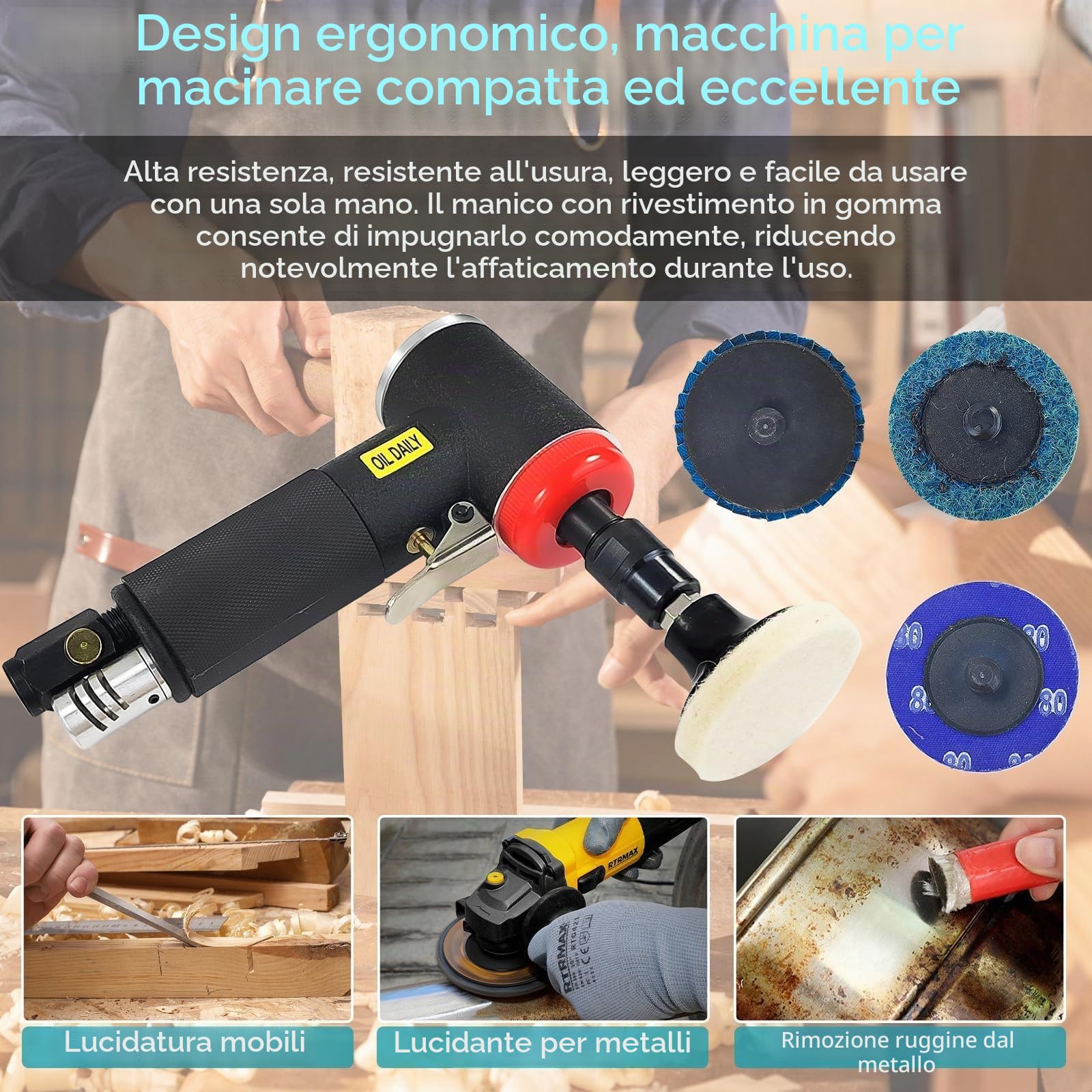 Mini Lucidatrice Auto, Mini Smerigliatrice Angolare Pneumatica con Mandrino a Pinza da 6 mm e 3 mm, Include Carteggiatrice e Mini Levigatrice con Set di 20 Dischi da 2 Pollici a Cambio Rapido