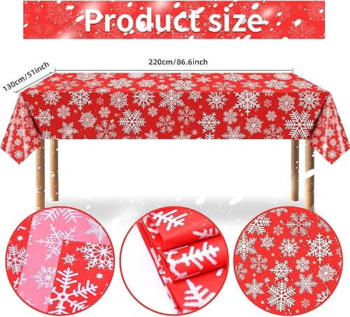 Miniatura 2 de Juego de 3 piezas de mantel de plástico navideño de 54 x 108 pulgadas con base roja, diseño de copos de nieve blancos, mantel rectangular desechable