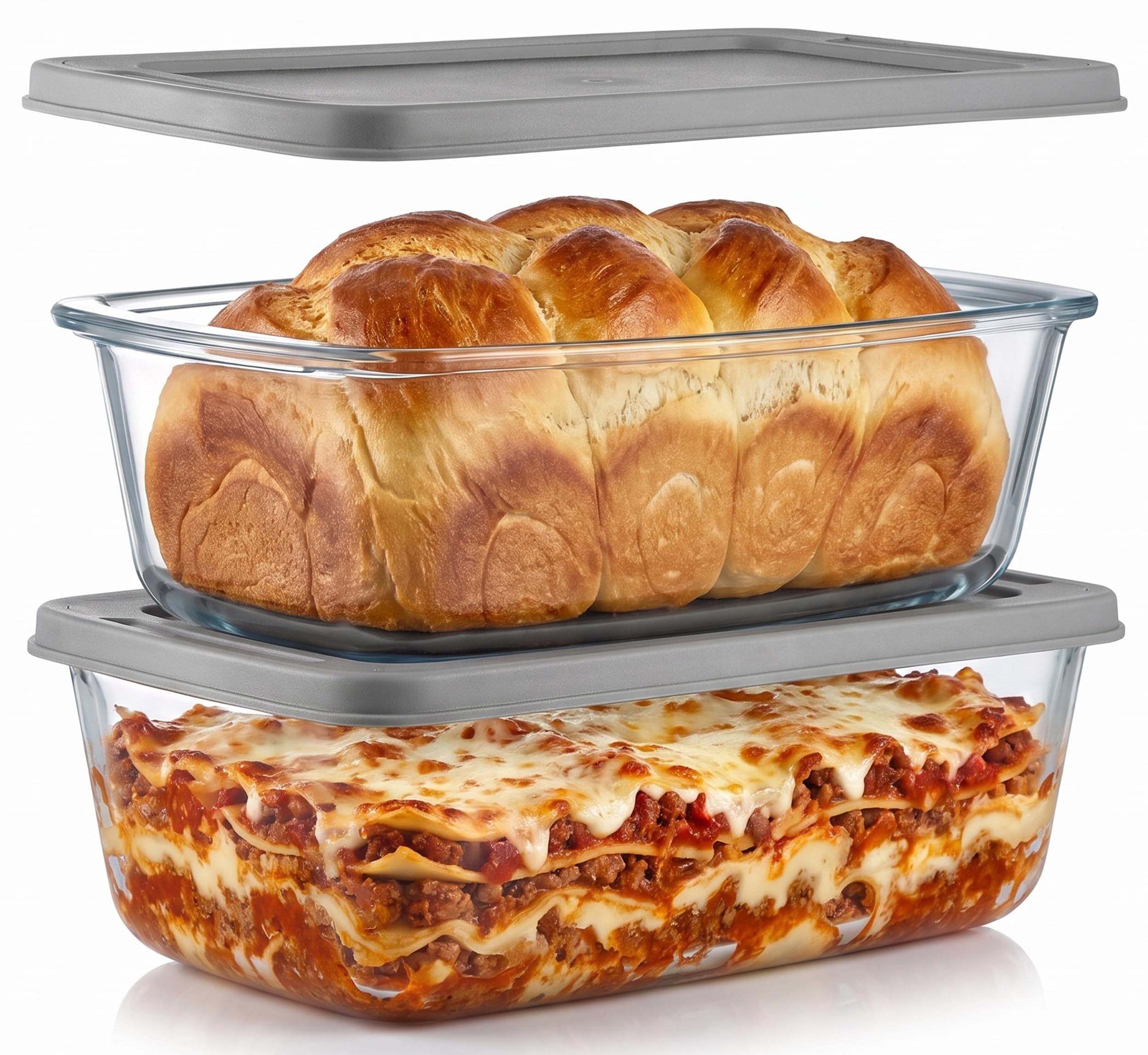 NutriChef Glass Bread Loaf Pans with Lids, 62.07oz Stackable Premium Glass, Leakproof, Freezer to Oven Safe, For Lasagna, Cakes and Pastries, 10.6”x5.5”x2.8”, 1.9qt, Set of 2