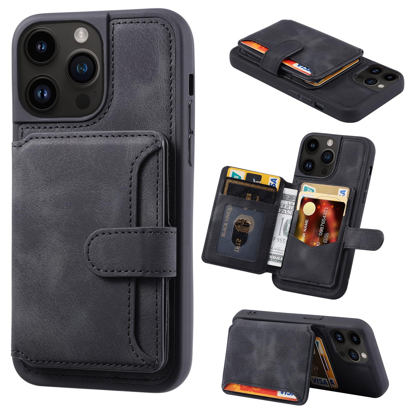 Étui Portefeuille en Cuir de Luxe pour iPhone 15, avec Poche pour Cartes et Coque arrière Antichoc (pour iPhone 15/Noir)
