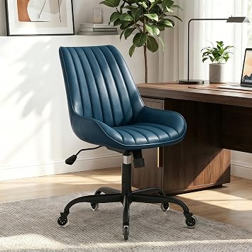 Armless Office Chair, Mid Back Modern Desk Chair with Rubber Wheels, 360 Swivel PU Leather Office Chair No Arms, Adjustable Height Small Computer Chair, Armless Desk Chair for Office, Blue