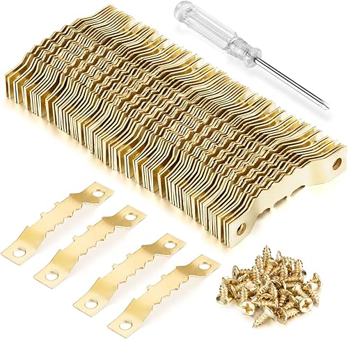 YHYZ Perchas de dientes de sierra a granel (mediano), 100 ganchos dorados de dientes de sierra con 200 tornillos + destornillador, para marcos de