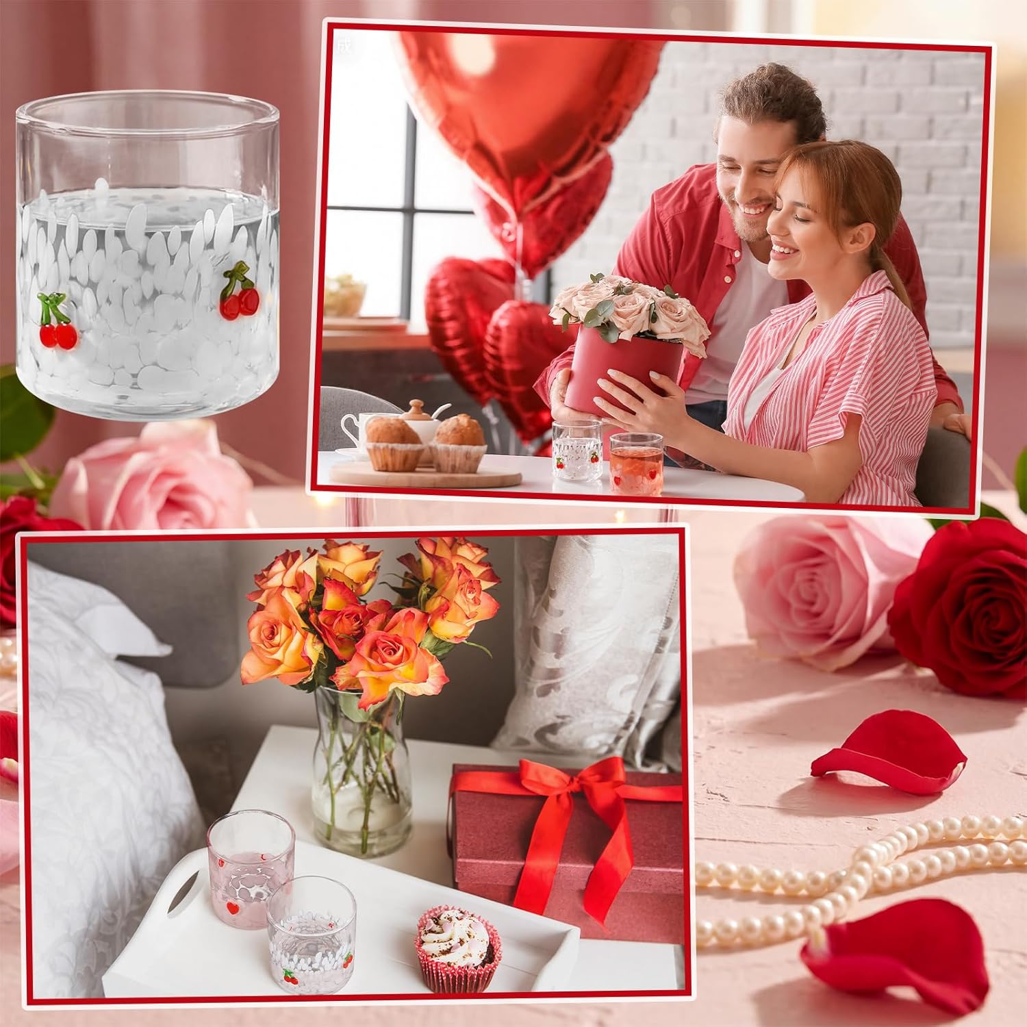 Yungyan 2 Pcs Valentine Icon Juice Glass 14oz Heart Cherry Drinking Cocktails Glasses Cute Pink White Stemless Wine Glasses Handblown Old Fashioned Couple Cups for Her Wife Women Birthday Lovely Gifts - Image 7