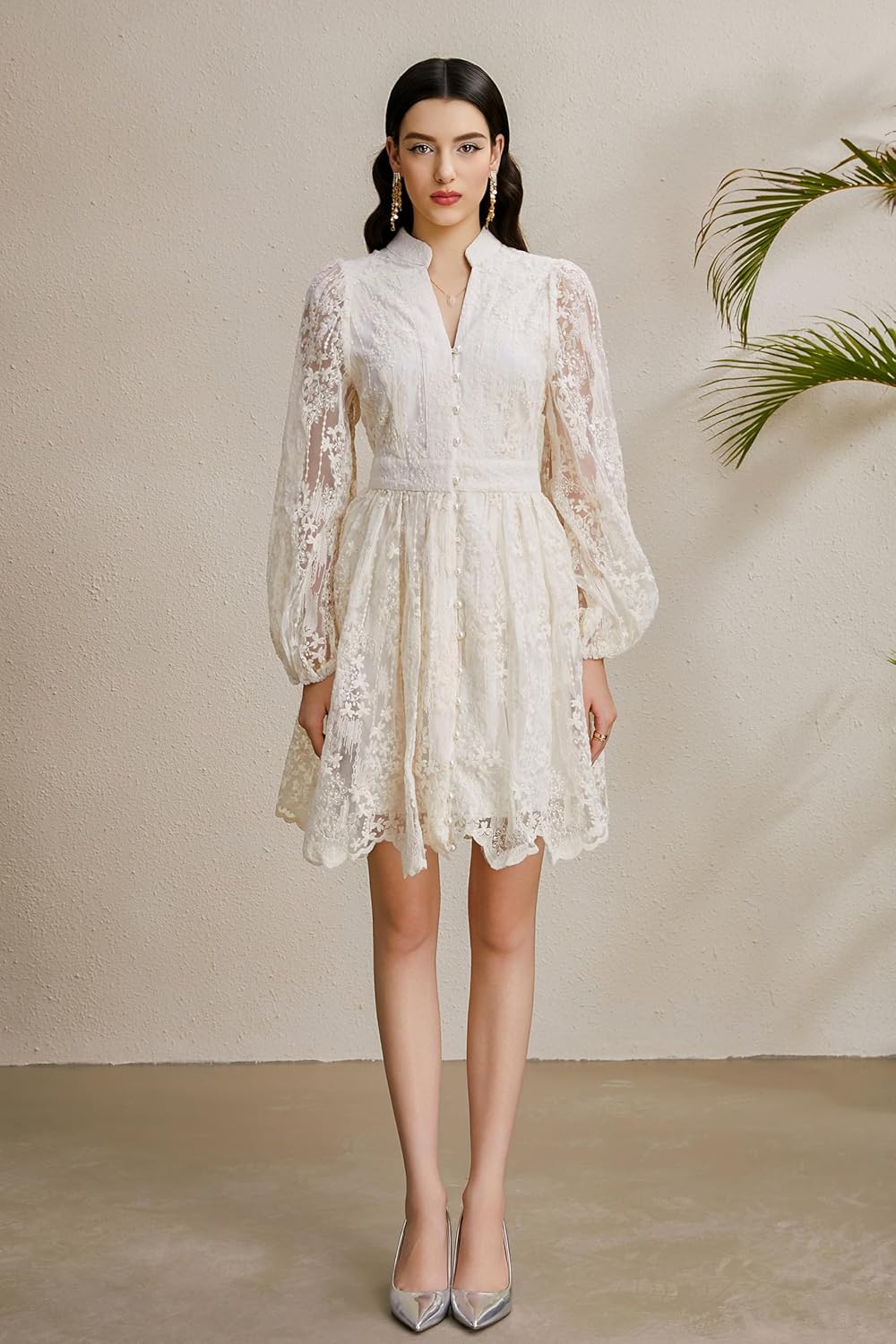 LAI MENG FIVE CATS Women's V-Neck Lace Floral Lantern Sleeve Mesh Embroidery Button Pleated Mini Dress