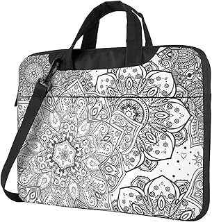 [Rtjbsdt] ノートパソコン保護ケース、軽量で持ち運びに便利、内ポケット、持ち運びハンドル、ショルダーストラップ付き、ユニセックス。(インドの花柄マンダラストライプ ブラック ホワイト)