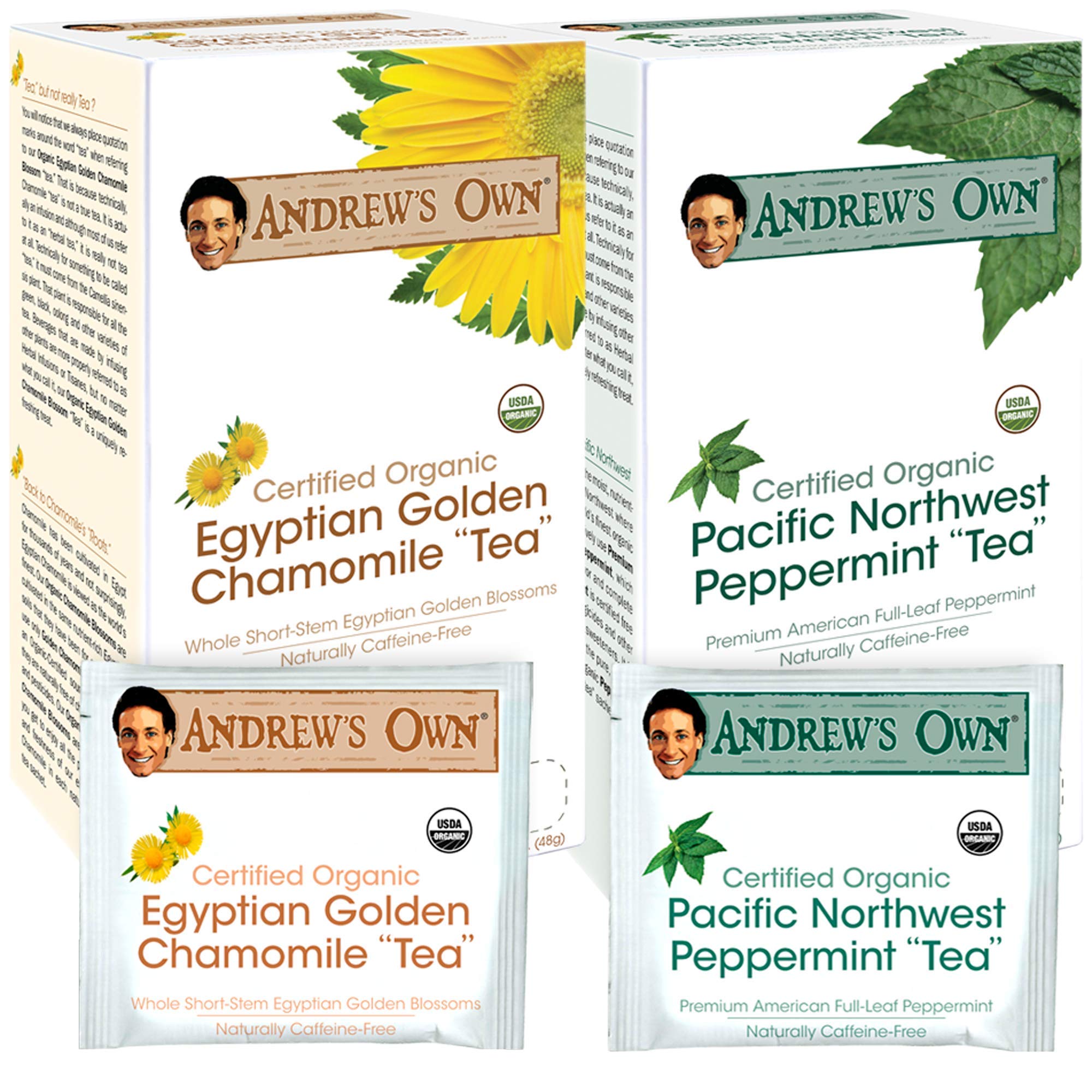 ANDREW LESSMAN Tea - Variety Pack - Egyptian Golden Chamomile Tea + Peppermint Tea 30 Sachets Each - Certified Organic. Soothing, Calming. Rich in Healthy EGCG. No Bitter Aftertaste. Caffeine-FreeUSDA Organic