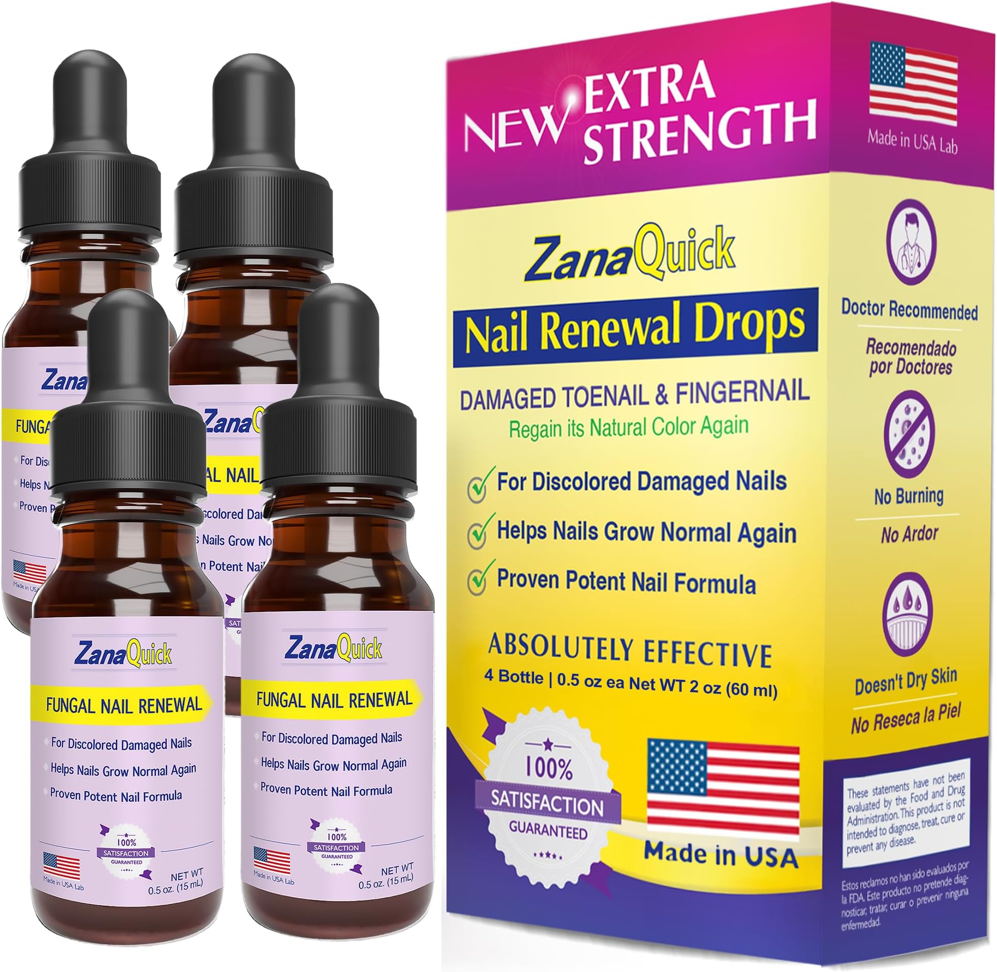 ZanaQuick Toenail Treatment Drops - 4 Pack Extra Strength Nail Repair Solution for Toe Nails & Fingernails - Powerful Nail Care Renewal & Recovery Liquid for Thick, Damaged & Discolored Nails Remedy