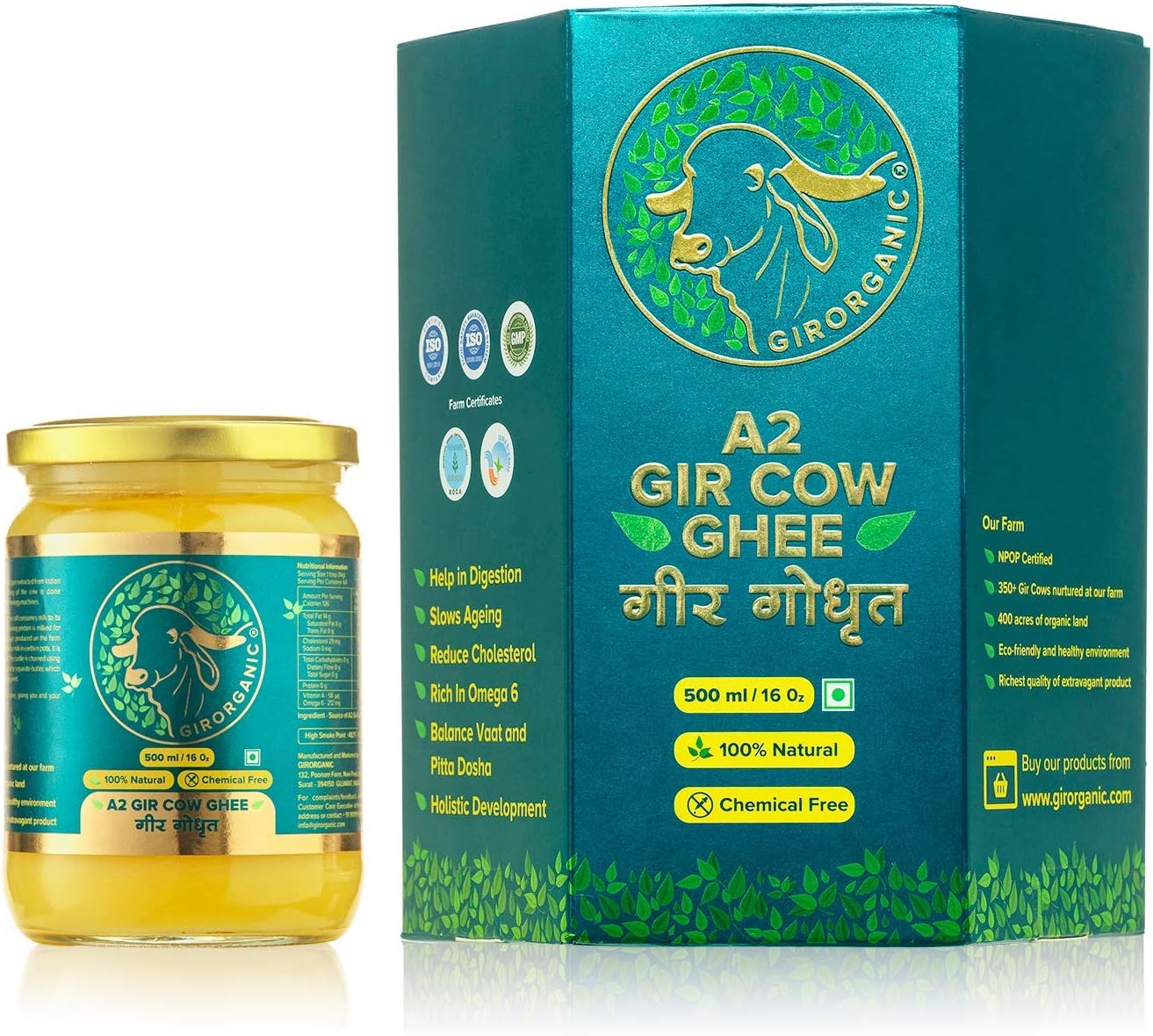 GirOrganic Grass Fed A2 Ghee | Clarified Butter (16 Oz) - Unsalted Gir Cow Ghee Butter - Organic Ghee Oil - Pasture Raised, Lactose-Free 16 Oz