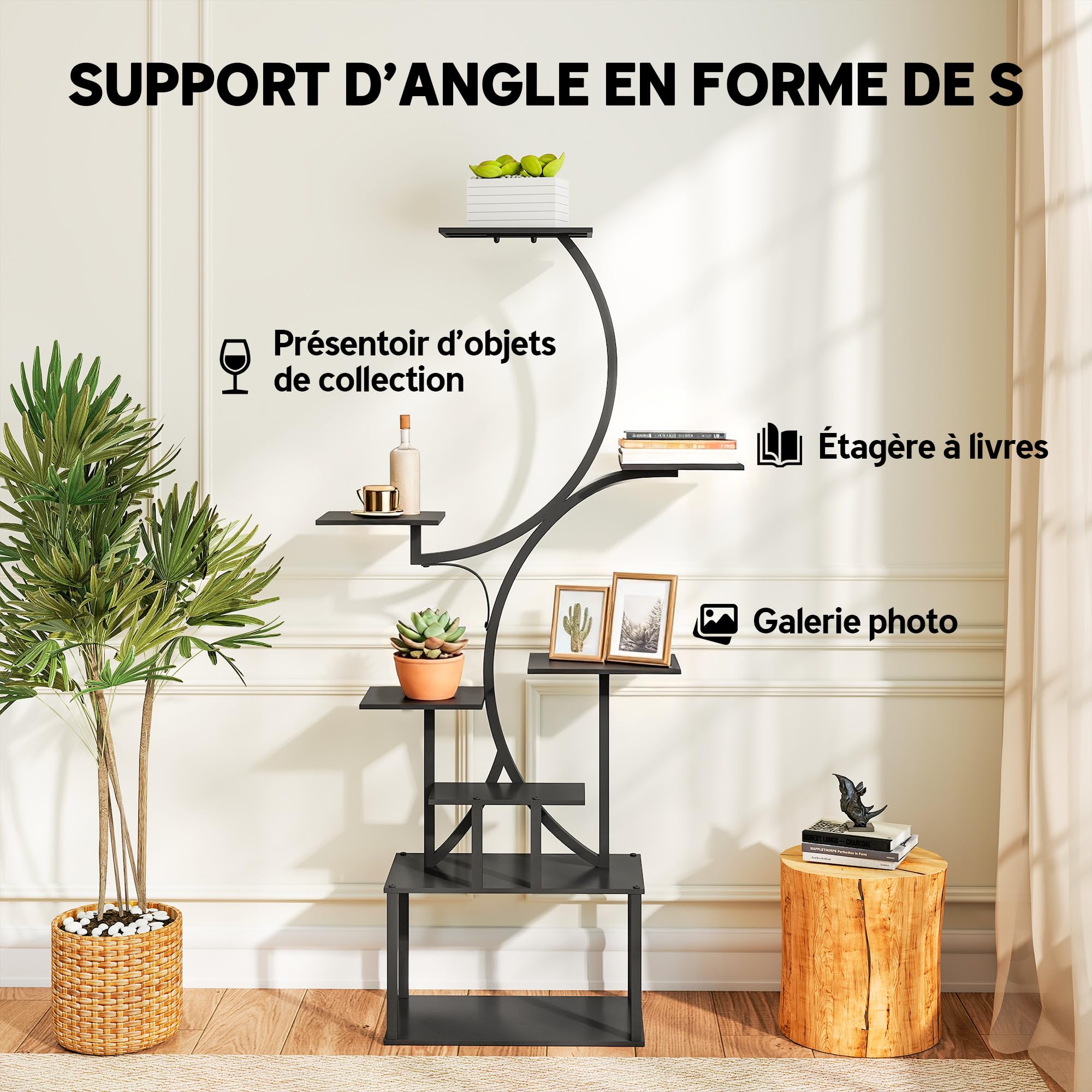 Outsunny Étagère à Fleurs en Métal à 8 Niveaux, Étagère à Plantes en Forme de S 158,5 cm, Support de Plantes, Intérieur et Extérieur, pour Jardin, Balcon, Terrasse ou Coin du Salon, Noir