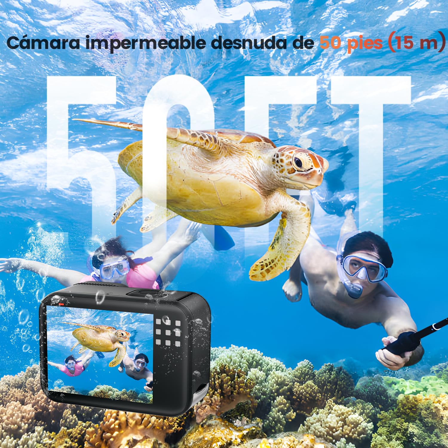 4K 60FPS Cámara Deportiva - 48MP WiFi Cámara Acuática con Tarjeta 64G, Zoom 8X, 170° EIS, Subacuática 15M, con Control Remoto, 2 * 1350mAh Baterías (64GB)