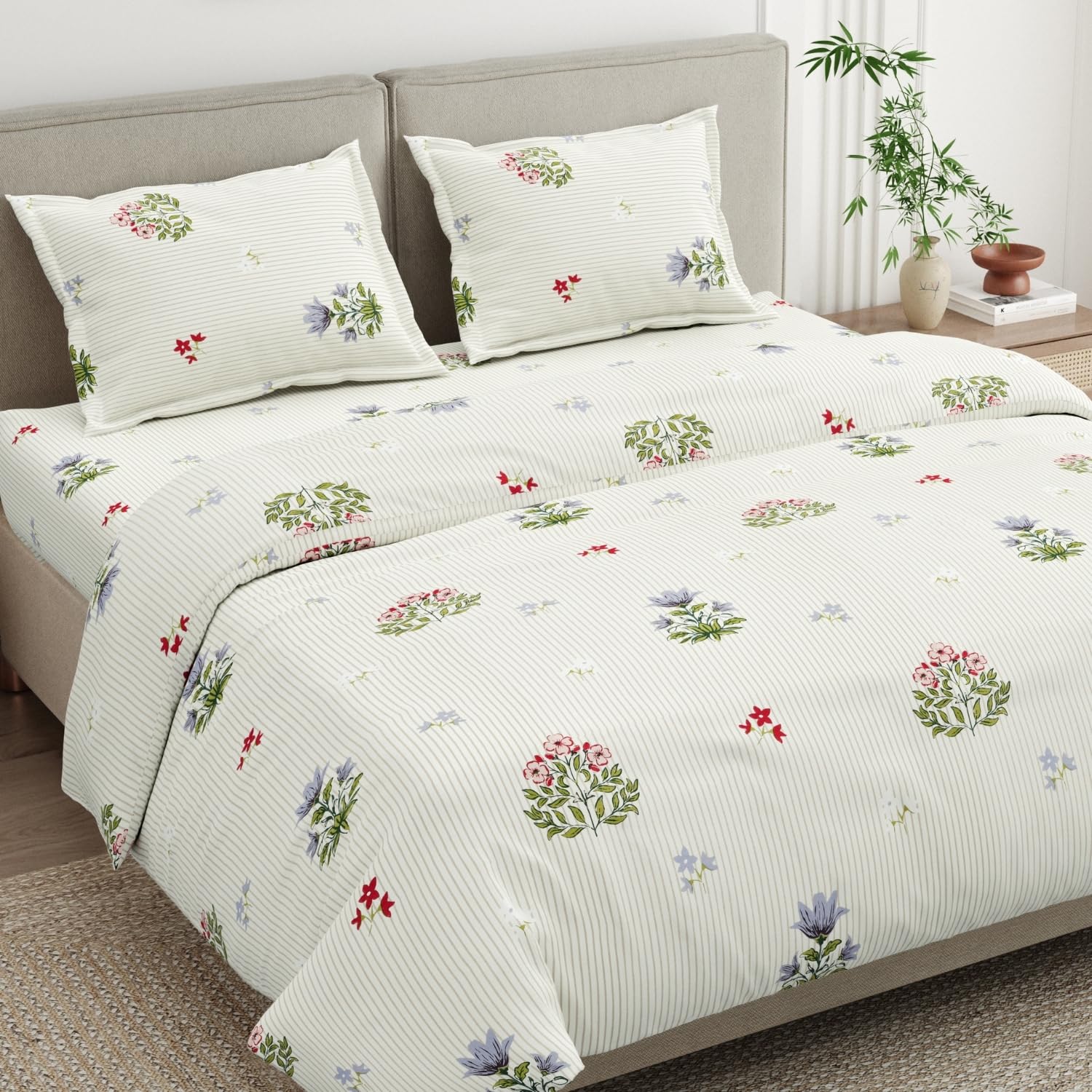 Haus & Kinder Double Bed Bedsheet for Queen Size Bed, Queen Size Bed Sheet with 2 Pillow Covers 90 Inch x 100 Inch | Premium Soft & Silky Pure Cotton 186 TC Double Bedsheet | Floral Indienne-image-20