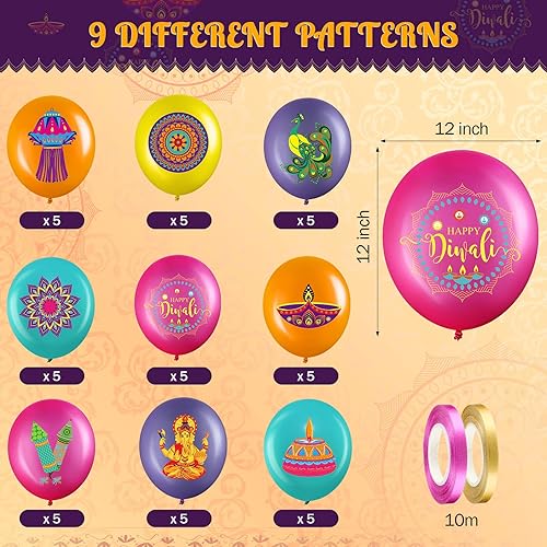 Miniatura 2 de Zomiboo 45 piezas de decoraciones de fiesta Happy Diwali Rangoli, globos de látex, festival colgante para pared de techo del hogar, suministros de