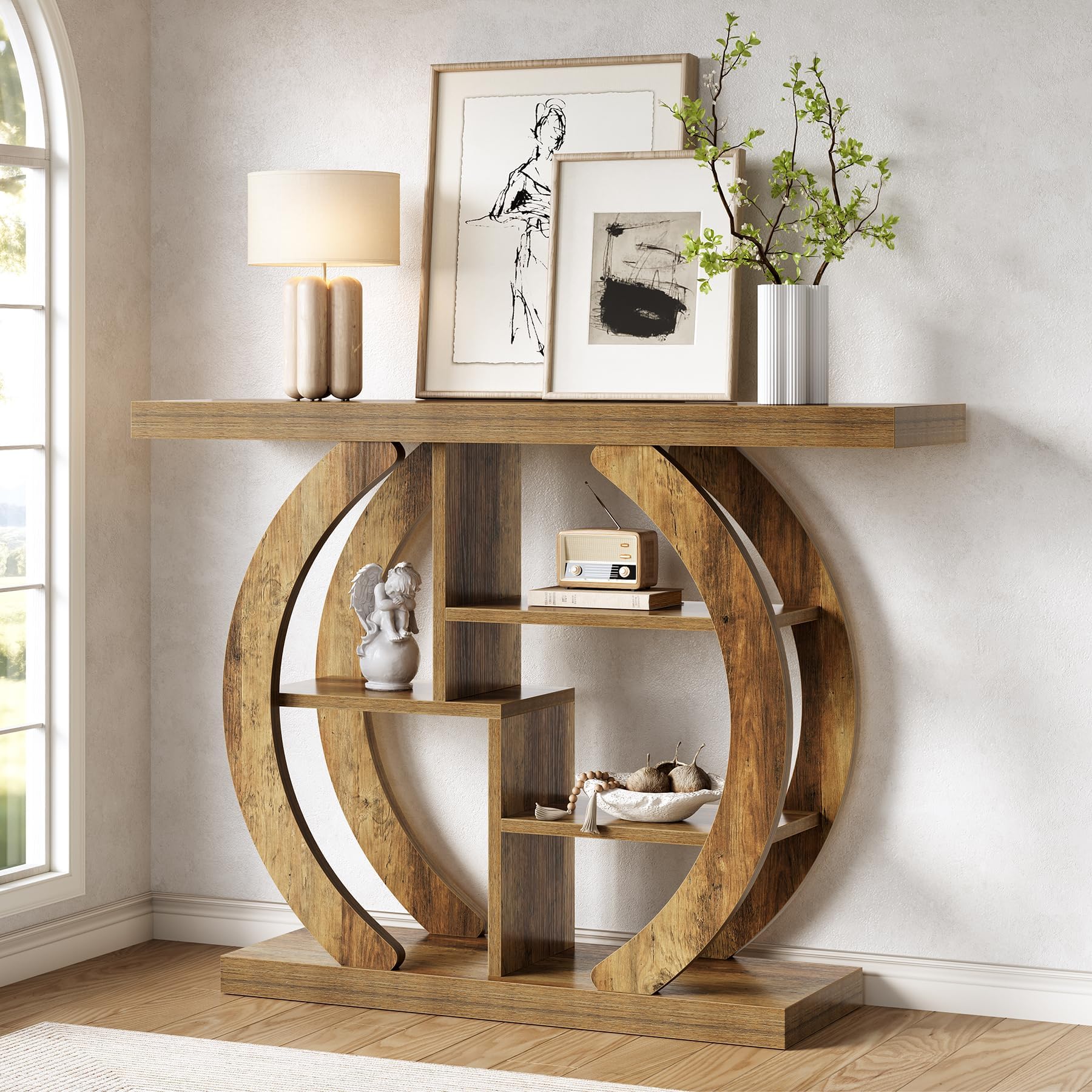 LITTLE TREE Konsolentisch schmal, 108 cm Sofatisch mit 4 Ablagen, Beistelltisch, Ausstellungstisch, Flurtisch, Metallgestell für Wohnzimmer, Flur, Eingang, vintagebraun