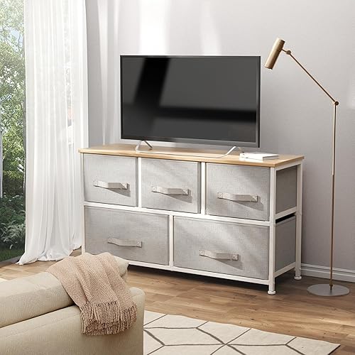 Miniatura 2 de Pipishell Cómoda de tela, cómoda para dormitorio con 5 cajones, unidad organizadora de torre de almacenamiento ancha con parte superior de madera y