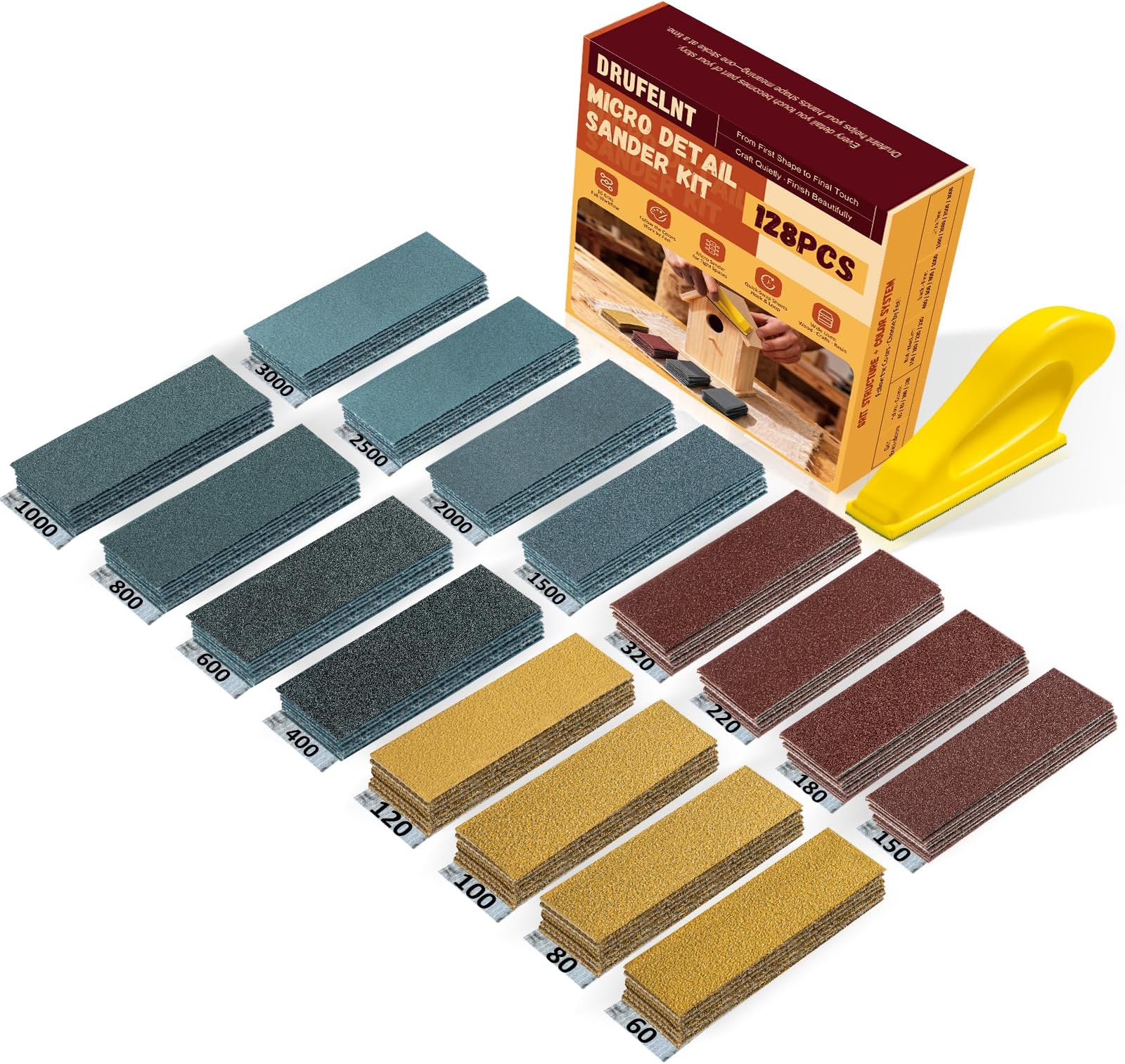 128PCS Premium Micro Sander & Sandpaper Kit, Detail & Mini Hand Sander with Small Sanding Block, 80–3000 Grit Sandpaper Assortment for Wood, Crafts, Furniture, Tight Spaces & DIY Projects