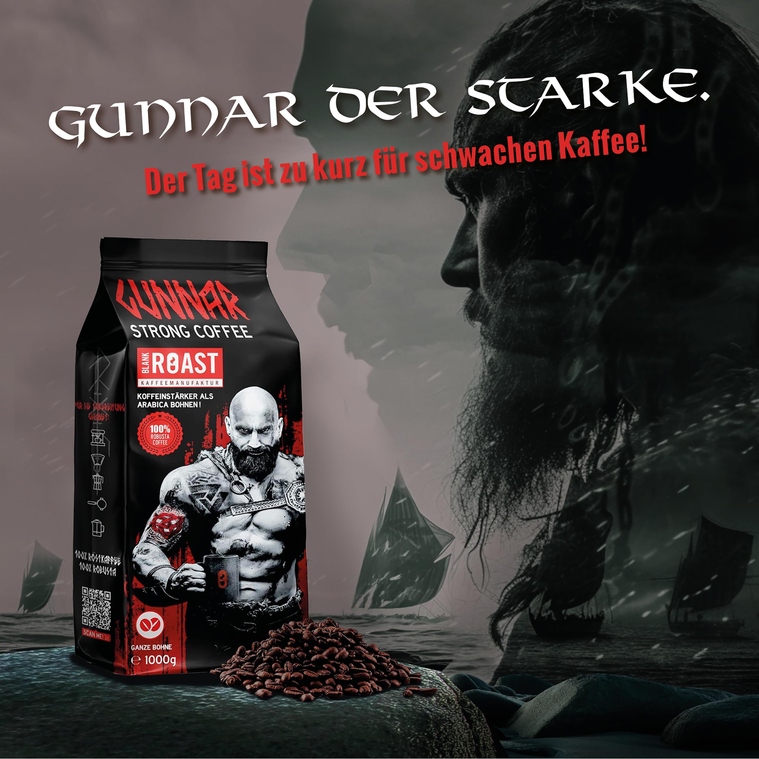 Blank Roast - GUNNAR - 1kg (3er Pack) - Ganze Kaffee-Bohnen Extra Stark - Kräftige Robusta-Röstung - 494mg Koffein je Tasse - Würzig & Kraftvoll mit Noten von dunkler Schokolade - Säurearm