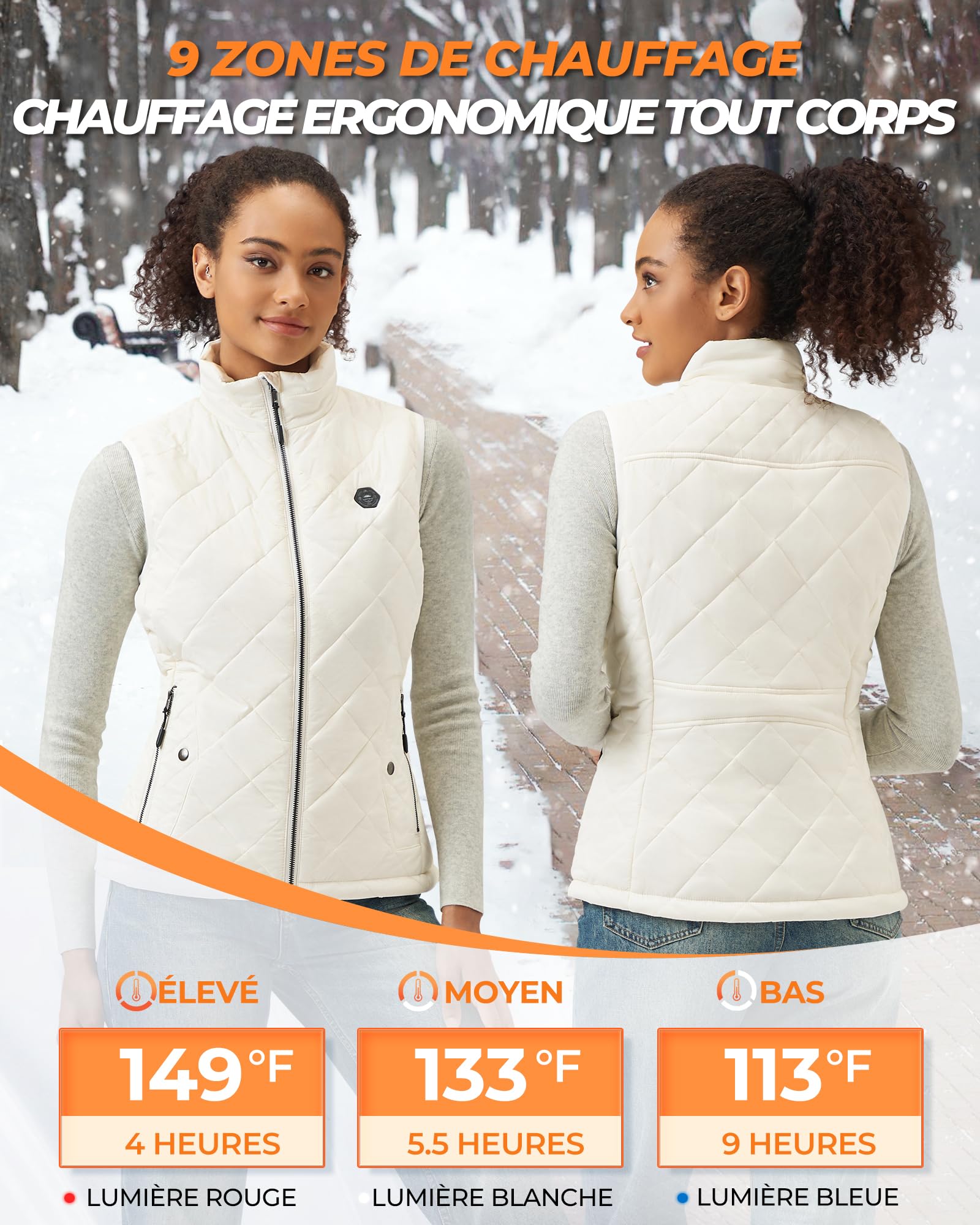 Gilet Chauffant Femme 7,4V 16000mAh 9 Zones Chauffage 3 Températures Réglables Doudoune Chauffante Plein Air Randonnée Ski