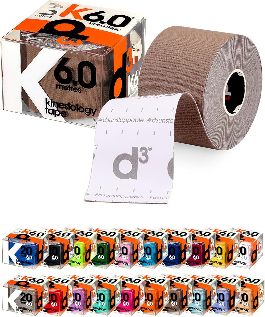 d3 K6.0 Kinesiology Tape 2in x 20ft – Light Brown Athletic Tape for Joint Support, Pain Relief & Muscle Recovery | Water Resistant & Hypoallergenic for Knee, Shoulder & Back – Uncut Roll