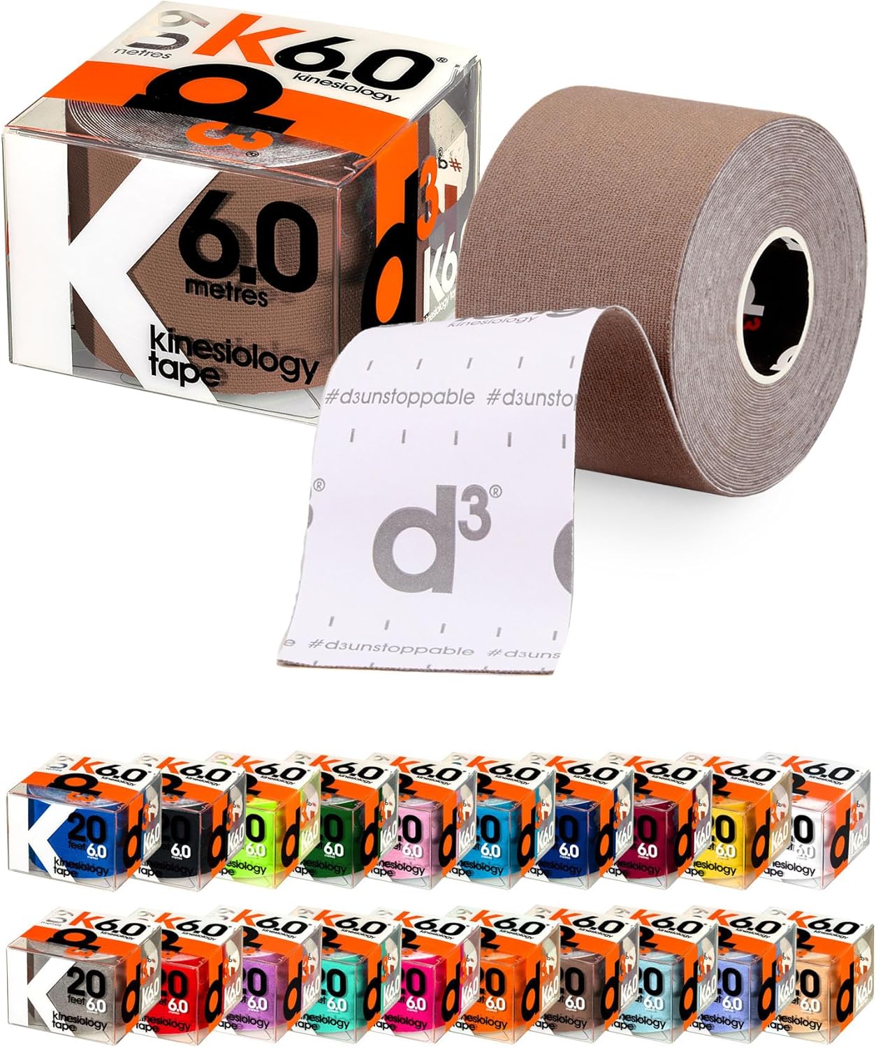 d3 K6.0 Kinesiology Tape 2in x 20ft Light Brown – Uncut Roll Latex-Free Hypoallergenic Sports Physio Tape for Knee, Shoulder, Back & Muscle Support – Athletic Injury Recovery & Blister Prevention
