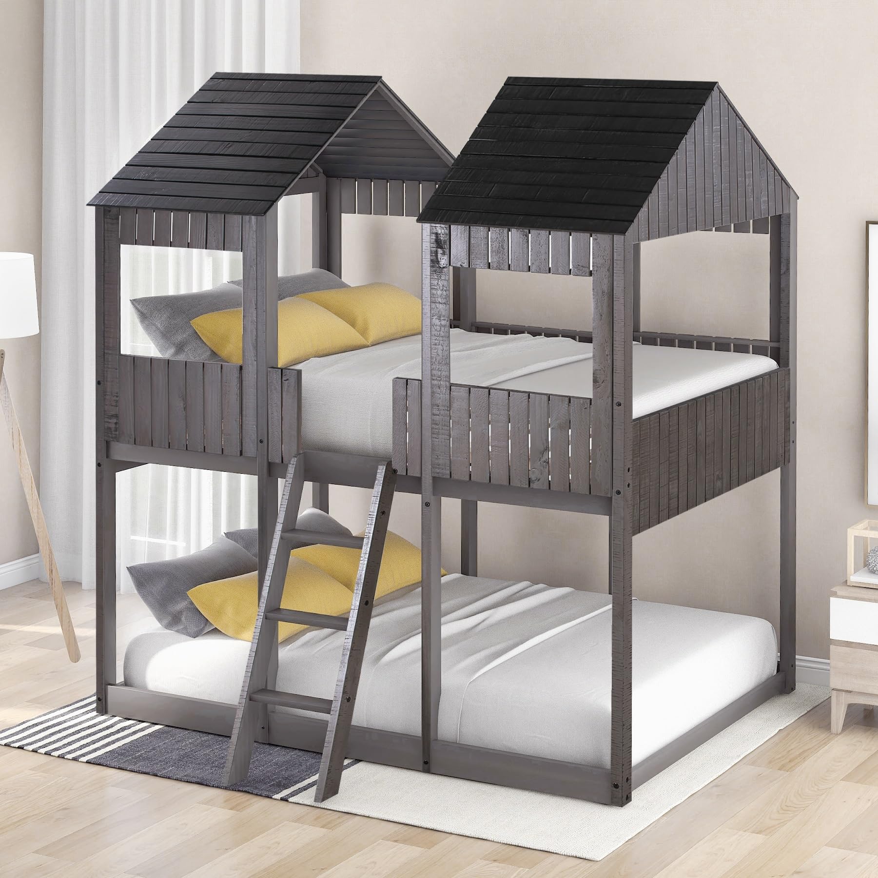 Full Over Full Bunk Bed Frames with House Roof, Window and Safety Guardrails for Teens, Boys or Girls, Antique Gray